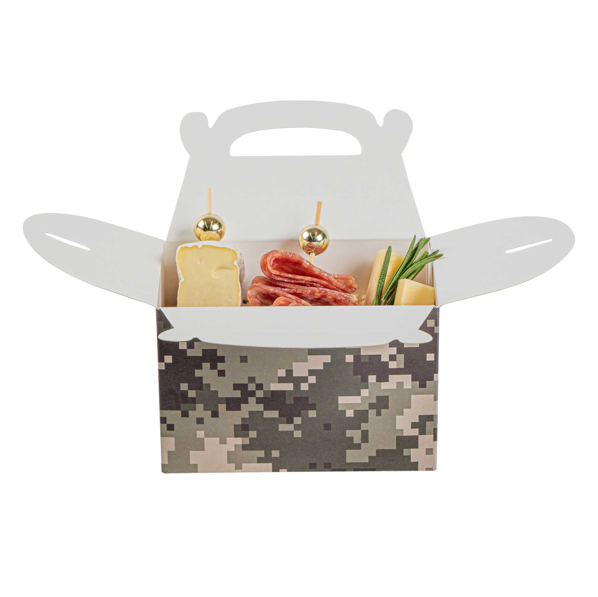 Bio Tek Camouflage Paper Gable Box / Take Out Container - Compostable - 4" x 2 1/2" x 2 1/2" - 25 count box