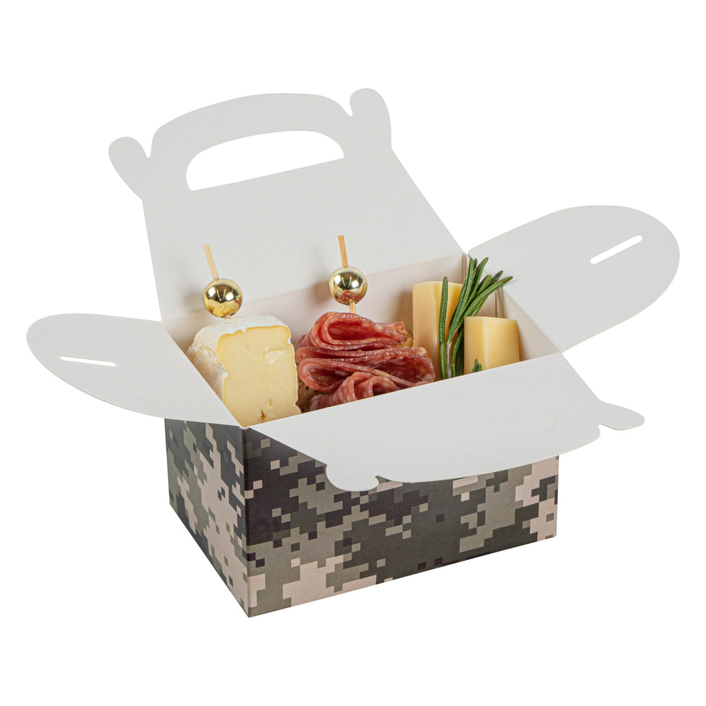 Bio Tek Camouflage Paper Gable Box / Take Out Container - Compostable - 4" x 2 1/2" x 2 1/2" - 100 count box