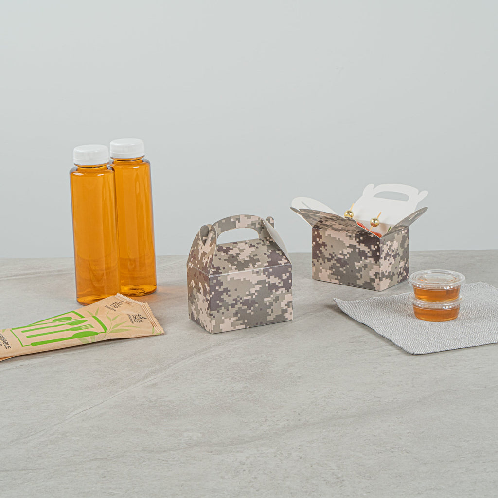 Bio Tek Camouflage Paper Gable Box / Take Out Container - Compostable - 4" x 2 1/2" x 2 1/2" - 100 count box