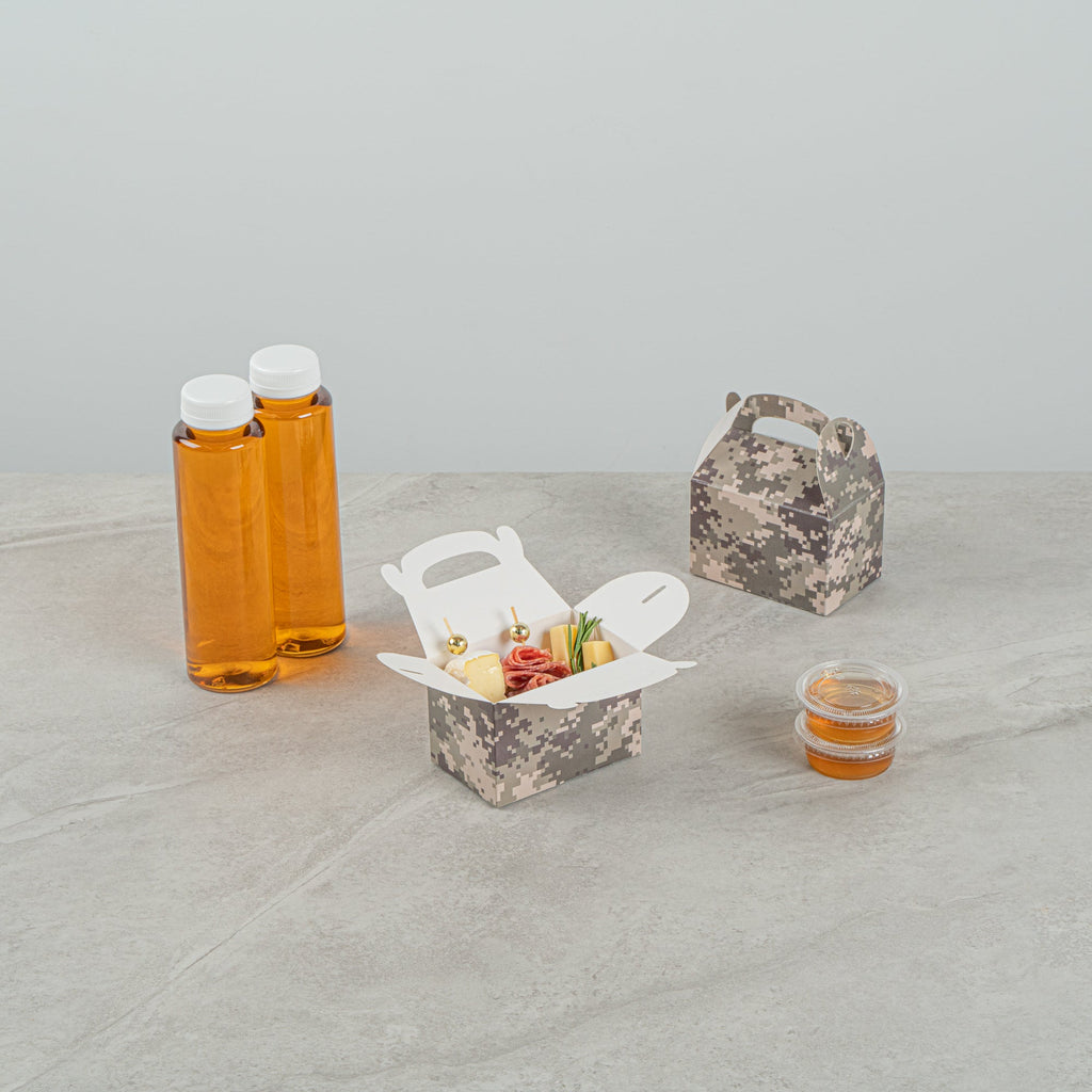 Bio Tek Camouflage Paper Gable Box / Take Out Container - Compostable - 4" x 2 1/2" x 2 1/2" - 100 count box