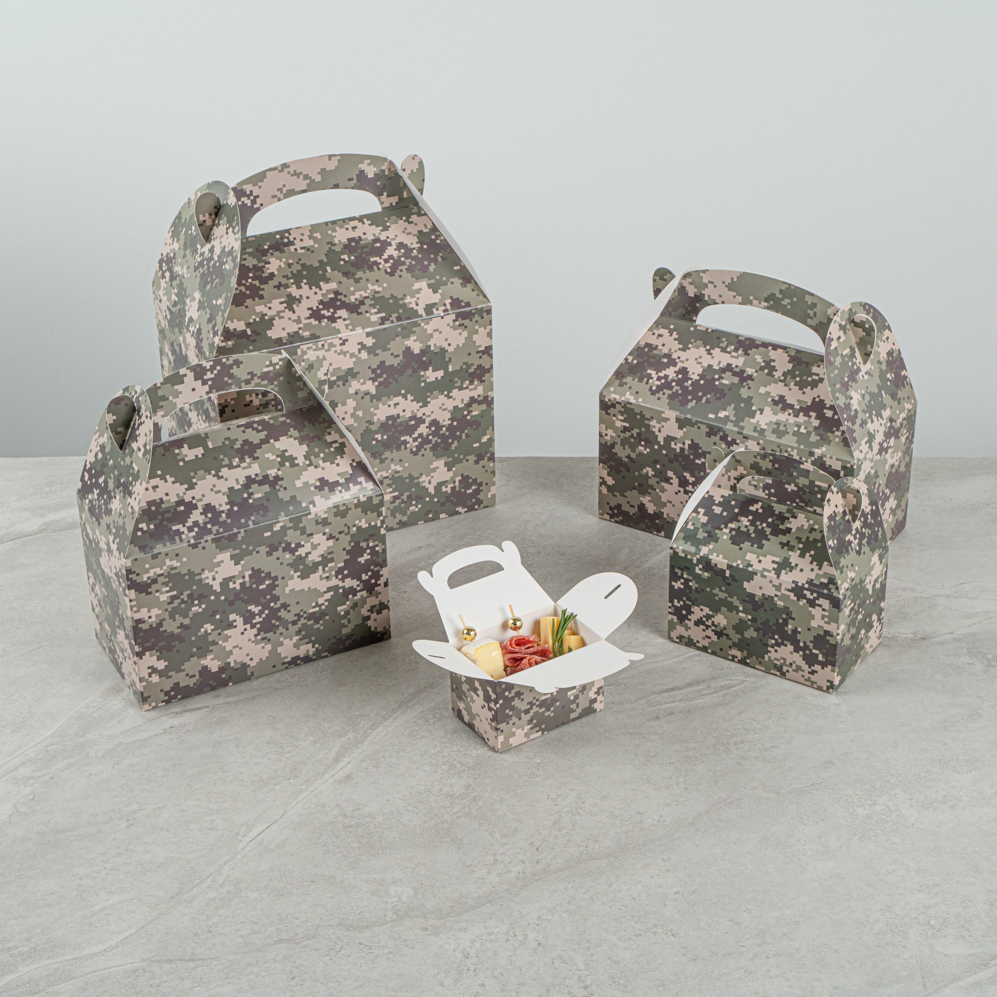 Bio Tek Camouflage Paper Gable Box / Take Out Container - Compostable - 4" x 2 1/2" x 2 1/2" - 100 count box