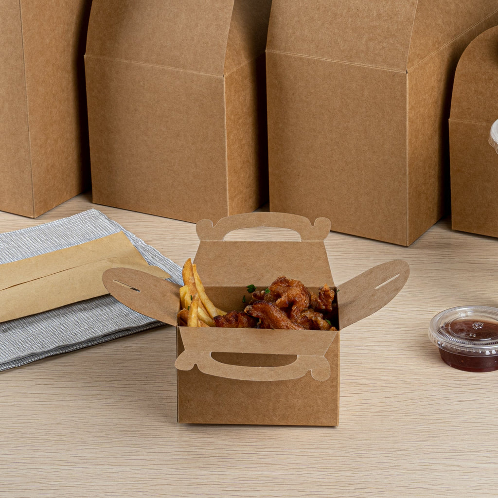 Bio Tek Kraft Paper Gable Box / Take Out Container - Greaseproof - 4" x 2 1/2" x 2 1/2" - 25 count box