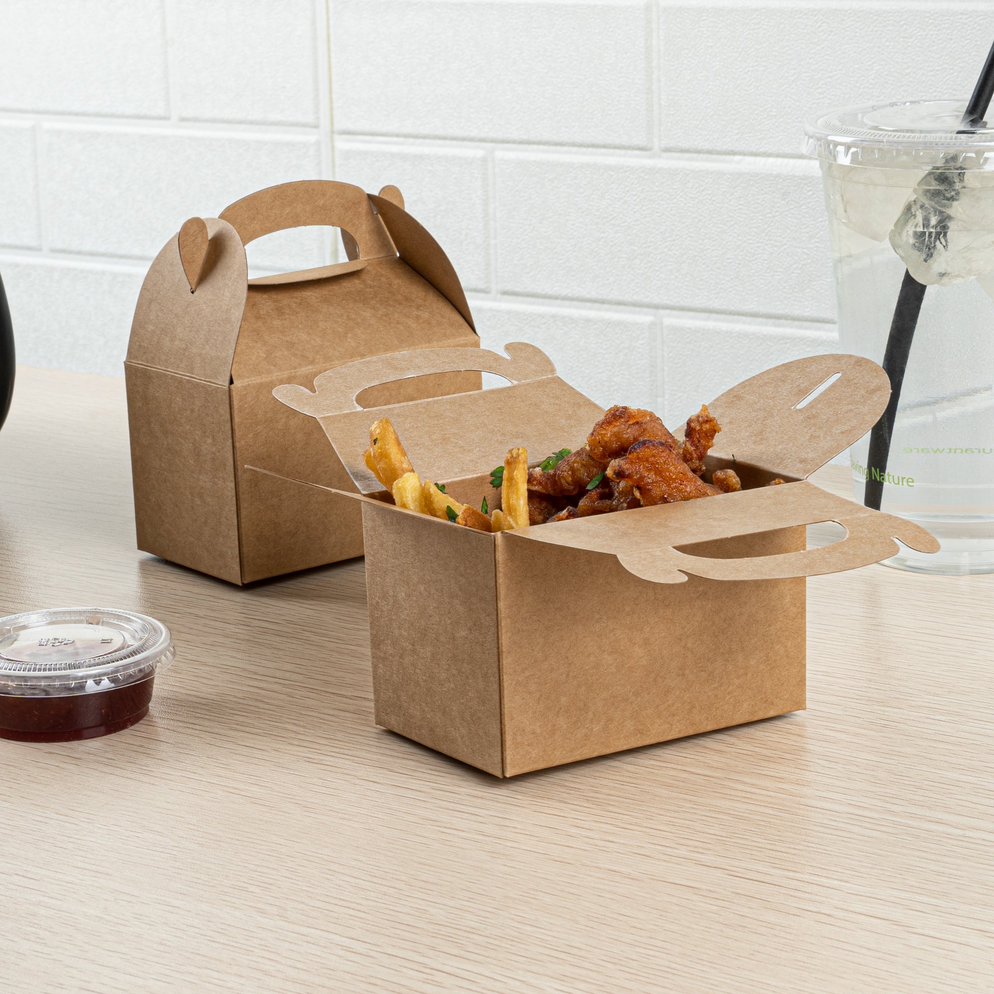 Bio Tek Kraft Paper Gable Box / Take Out Container - Greaseproof - 4" x 2 1/2" x 2 1/2" - 25 count box