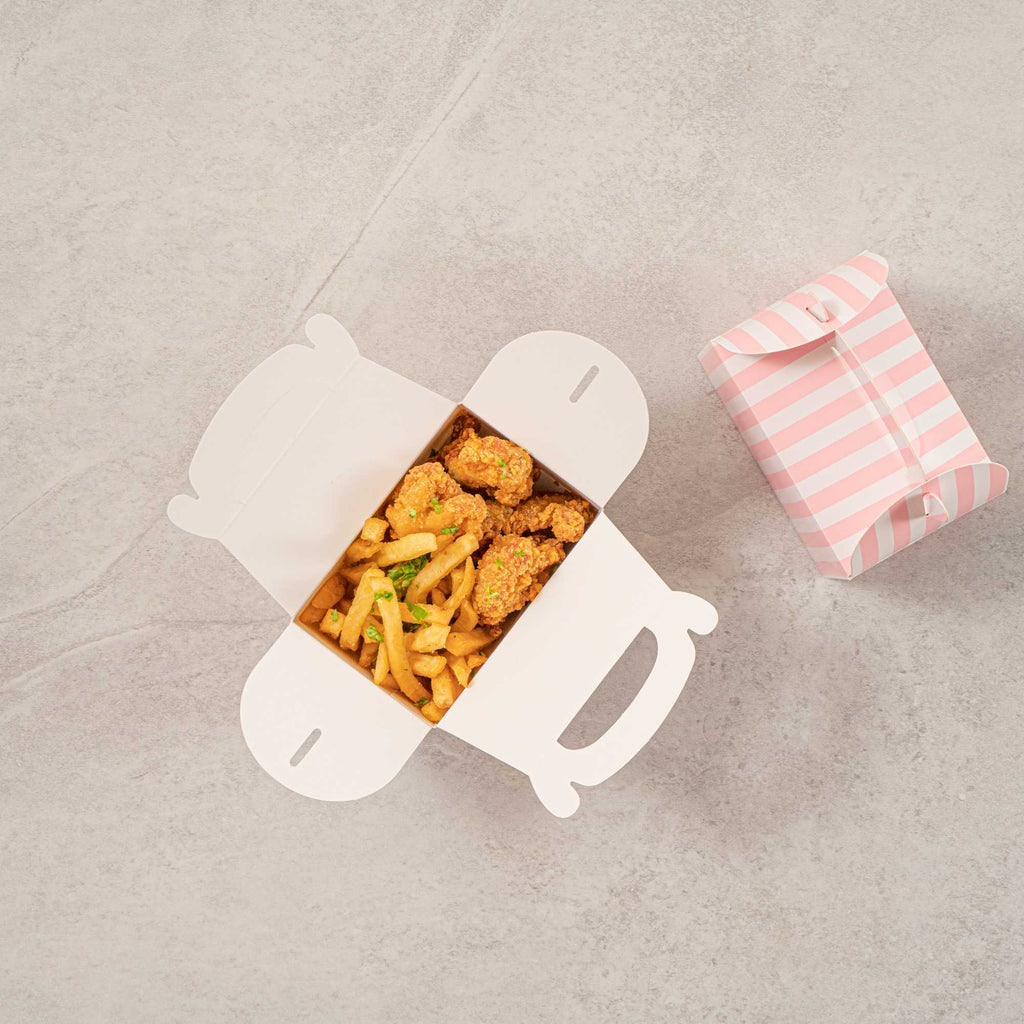 Bio Tek Pink & White Stripe Paper Gable Box / Take Out Container - Compostable - 4" x 2 1/2" x 2 1/2" - 25 count box