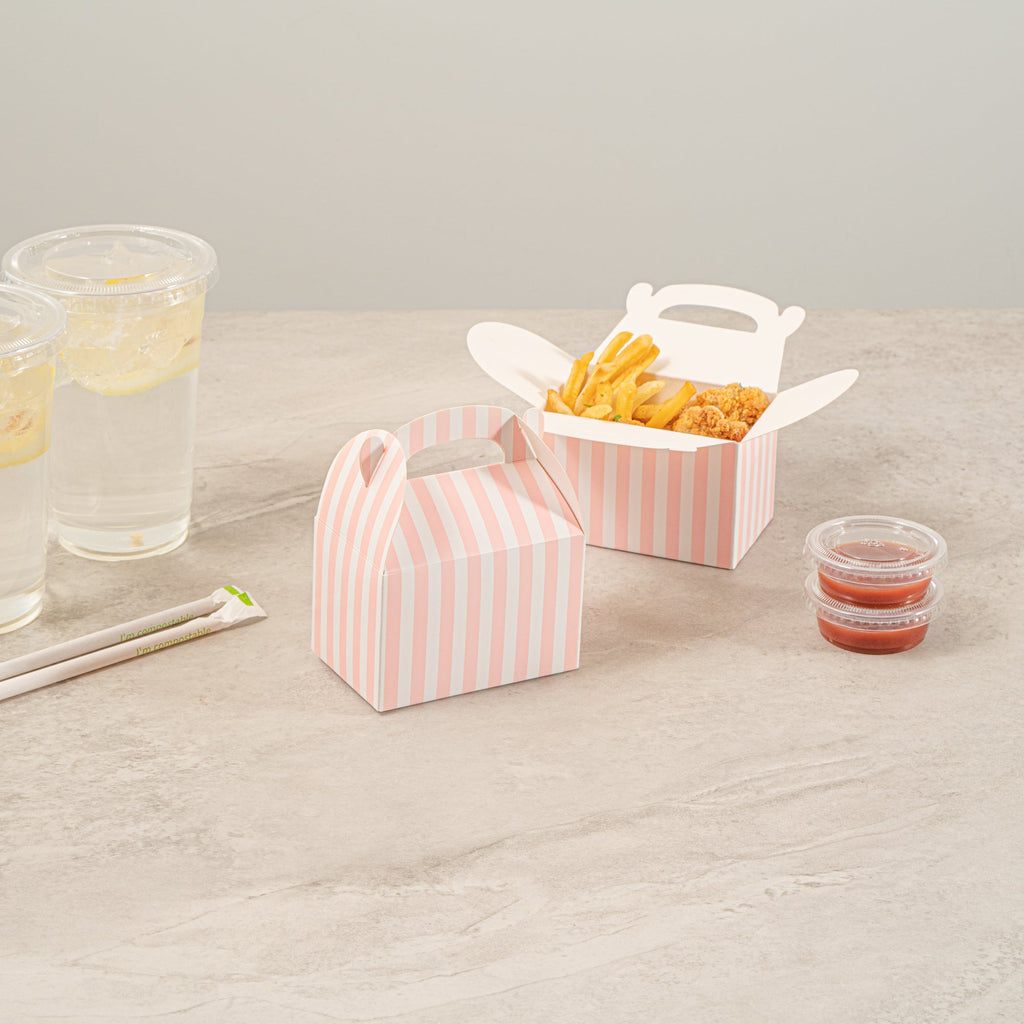 Bio Tek Pink & White Stripe Paper Gable Box / Take Out Container - Compostable - 4" x 2 1/2" x 2 1/2" - 100 count box