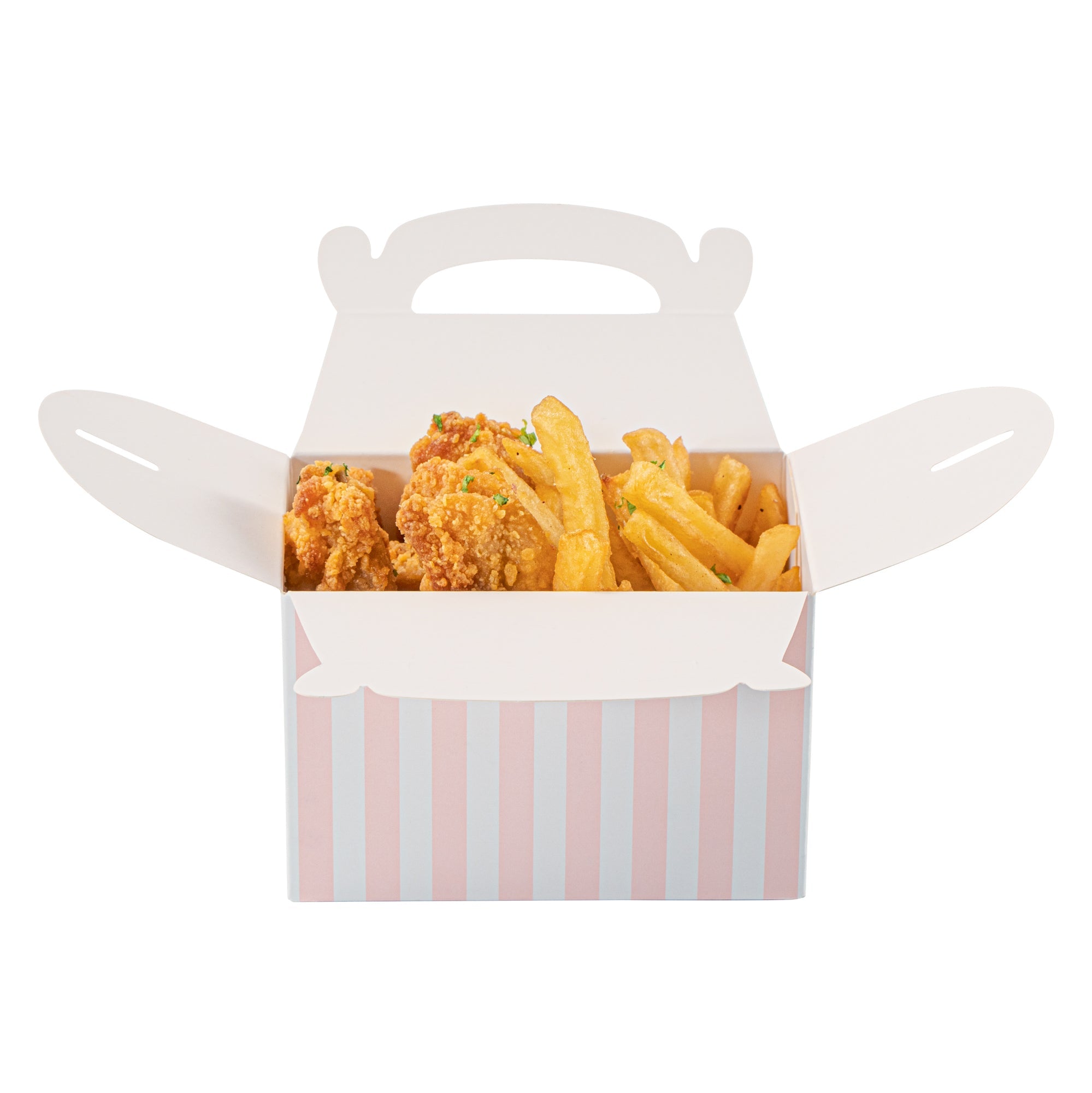 Bio Tek Pink & White Stripe Paper Gable Box / Take Out Container - Compostable - 4" x 2 1/2" x 2 1/2" - 100 count box