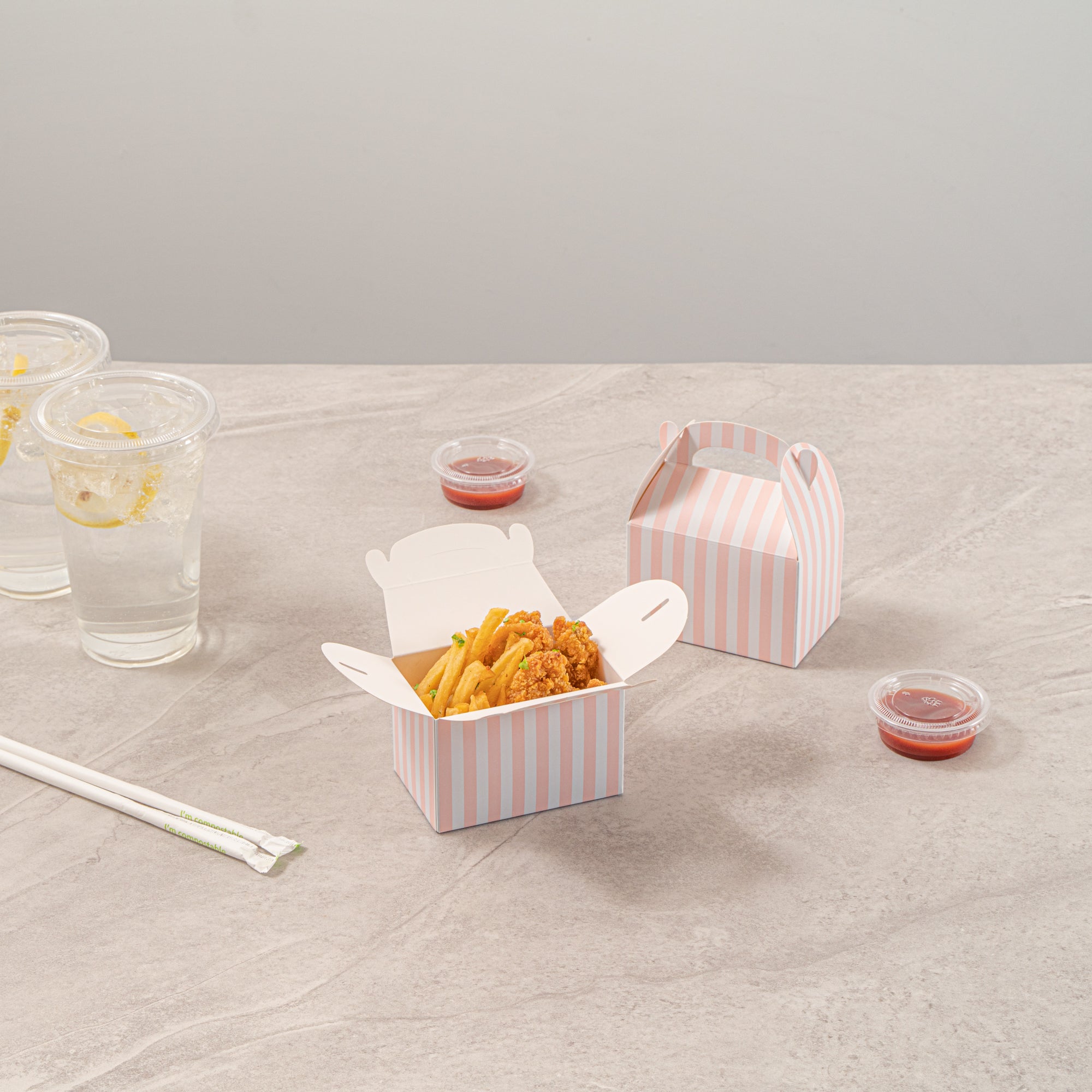Bio Tek Pink & White Stripe Paper Gable Box / Take Out Container - Compostable - 4" x 2 1/2" x 2 1/2" - 100 count box