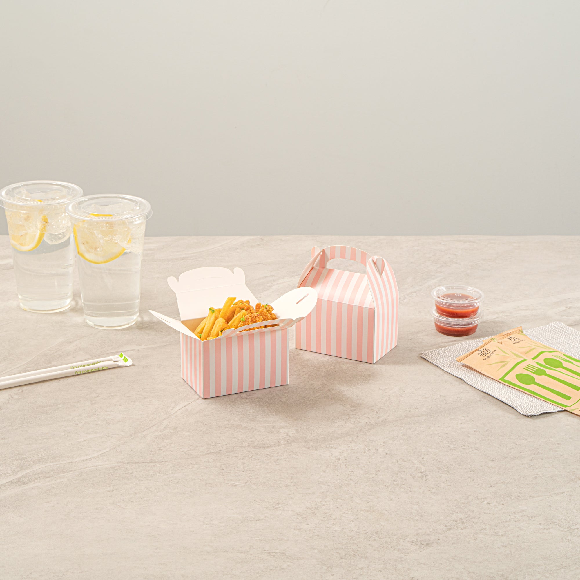 Bio Tek Pink & White Stripe Paper Gable Box / Take Out Container - Compostable - 4" x 2 1/2" x 2 1/2" - 100 count box