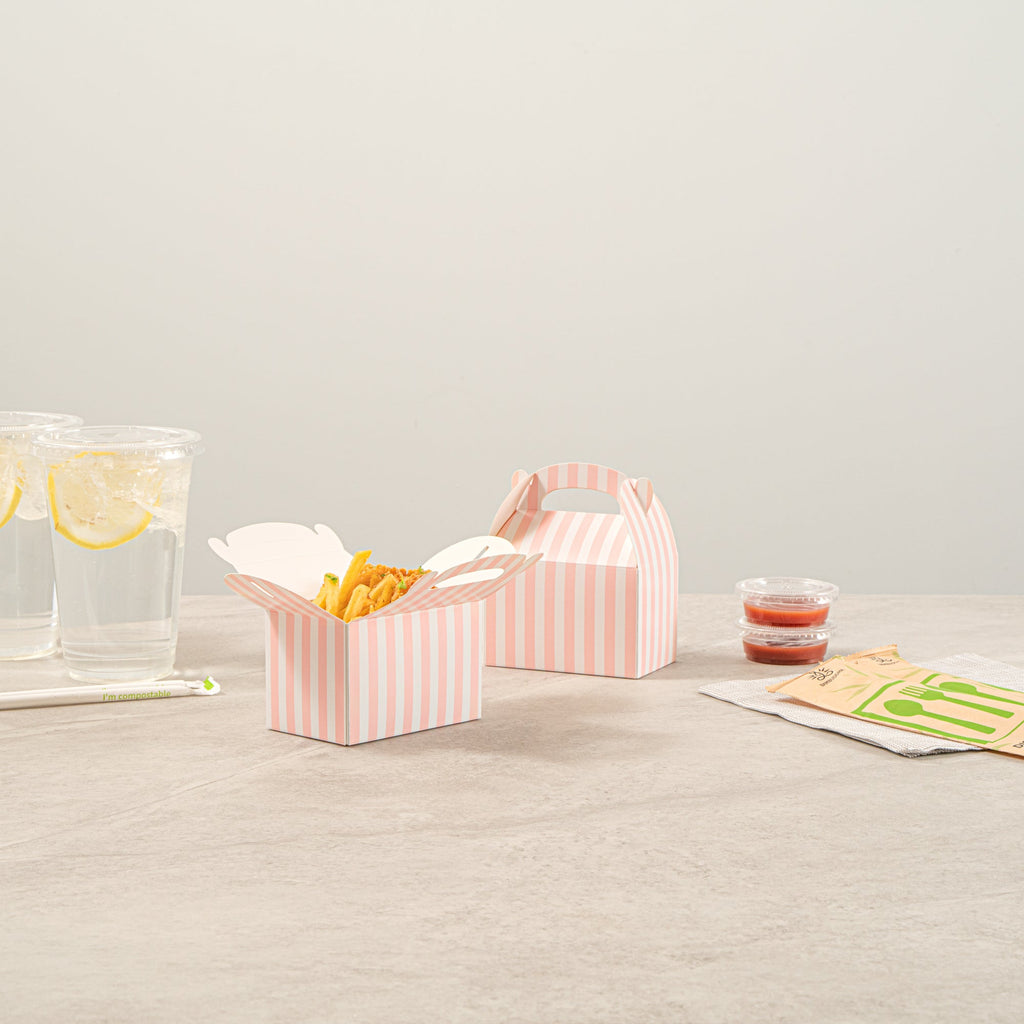 Bio Tek Pink & White Stripe Paper Gable Box / Take Out Container - Compostable - 4" x 2 1/2" x 2 1/2" - 100 count box