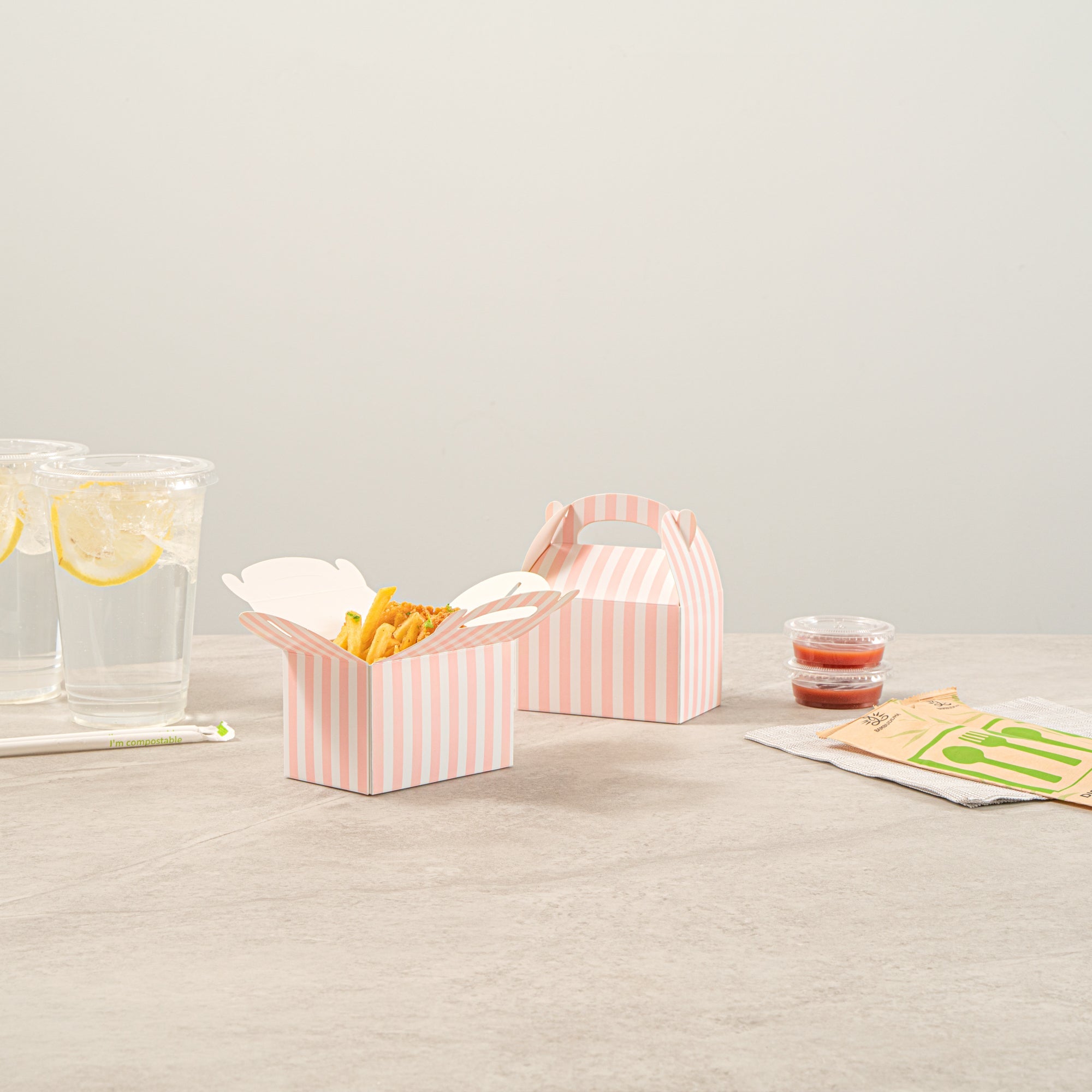 Bio Tek Pink & White Stripe Paper Gable Box / Take Out Container - Compostable - 4" x 2 1/2" x 2 1/2" - 100 count box