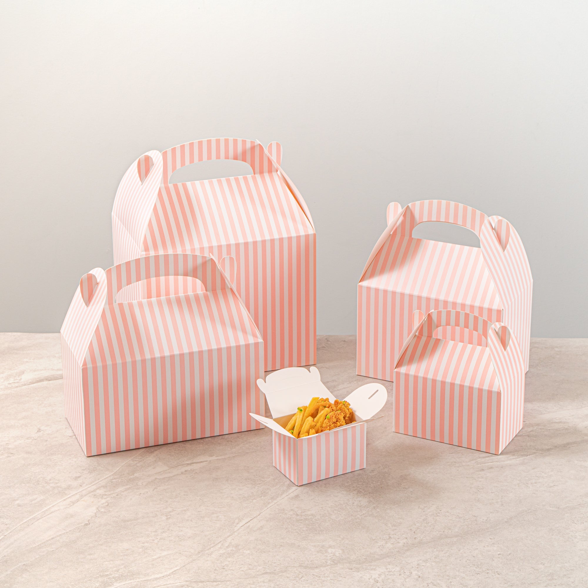 Bio Tek Pink & White Stripe Paper Gable Box / Take Out Container - Compostable - 4" x 2 1/2" x 2 1/2" - 100 count box