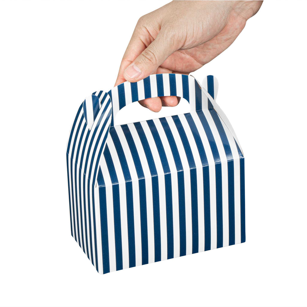 Bio Tek Blue & White Stripe Paper Gable Box / Take Out Container - Compostable - 6" x 3 1/2" x 3 1/2" - 25 count box