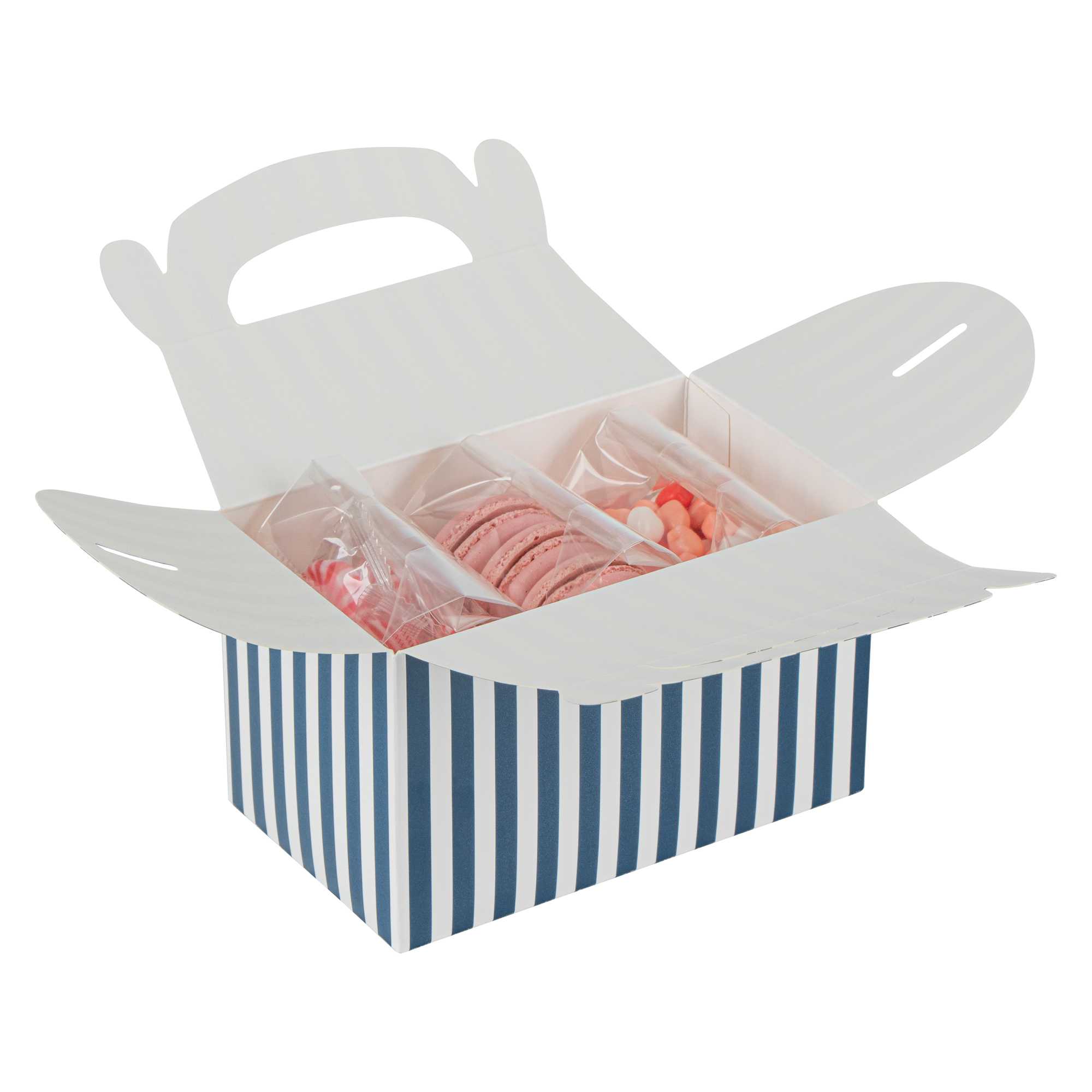Bio Tek Blue & White Stripe Paper Gable Box / Take Out Container - Compostable - 6" x 3 1/2" x 3 1/2" - 25 count box