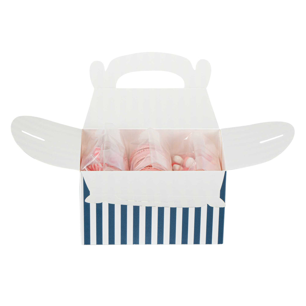 Bio Tek Blue & White Stripe Paper Gable Box / Take Out Container - Compostable - 6" x 3 1/2" x 3 1/2" - 25 count box