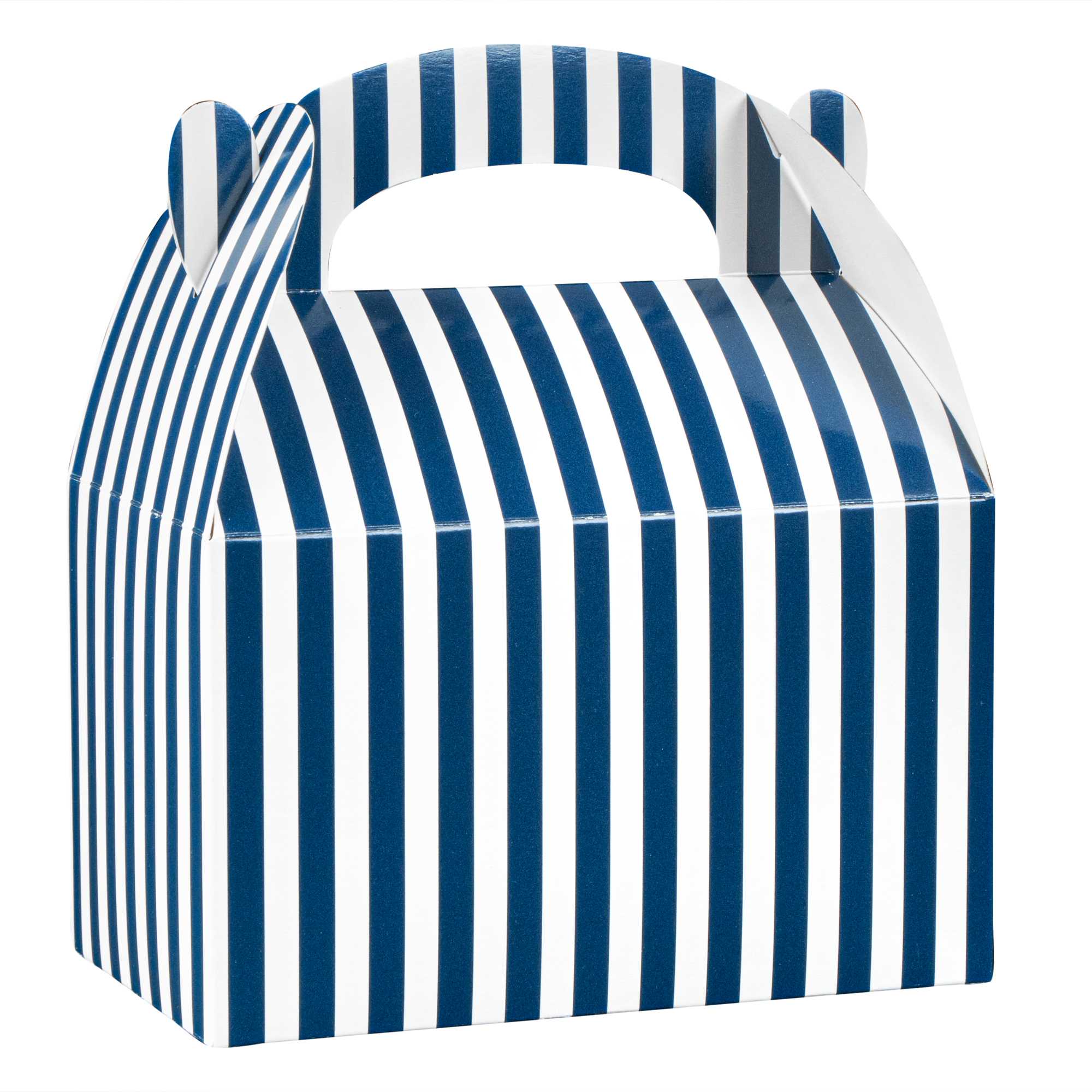 Bio Tek Blue & White Stripe Paper Gable Box / Take Out Container - Compostable - 6" x 3 1/2" x 3 1/2" - 25 count box