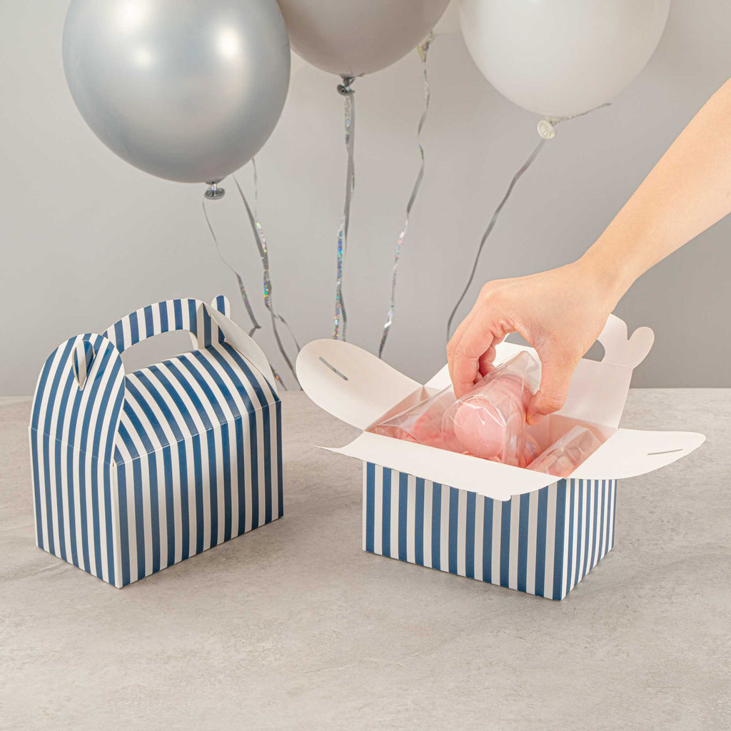Bio Tek Blue & White Stripe Paper Gable Box / Take Out Container - Compostable - 6" x 3 1/2" x 3 1/2" - 25 count box