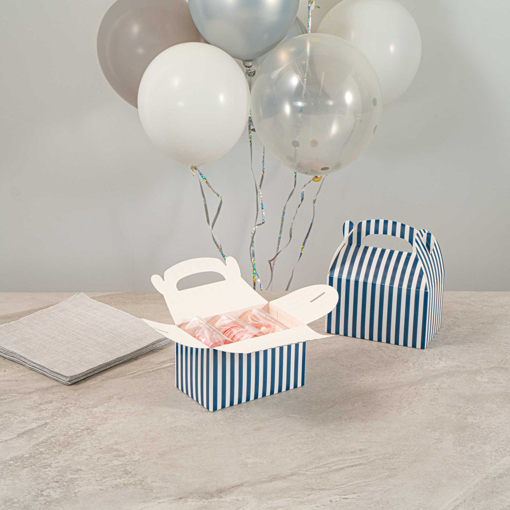 Bio Tek Blue & White Stripe Paper Gable Box / Take Out Container - Compostable - 6" x 3 1/2" x 3 1/2" - 25 count box