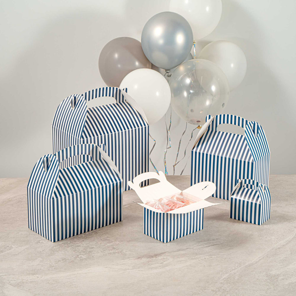 Bio Tek Blue & White Stripe Paper Gable Box / Take Out Container - Compostable - 6" x 3 1/2" x 3 1/2" - 25 count box