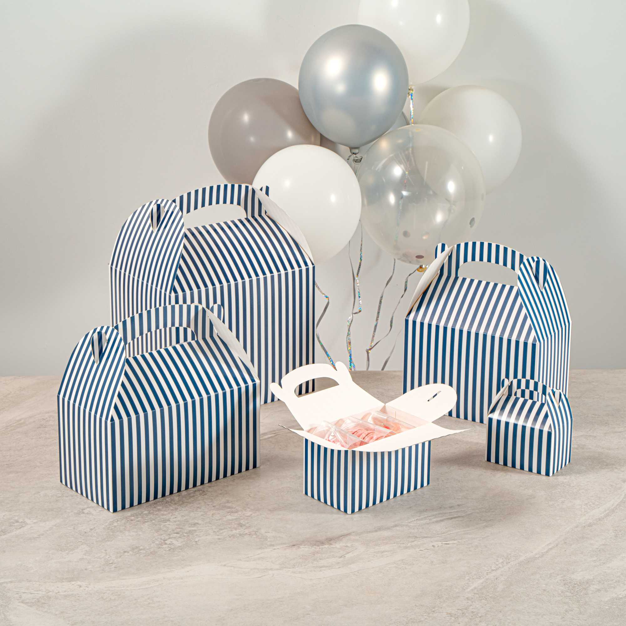 Bio Tek Blue & White Stripe Paper Gable Box / Take Out Container - Compostable - 6" x 3 1/2" x 3 1/2" - 25 count box