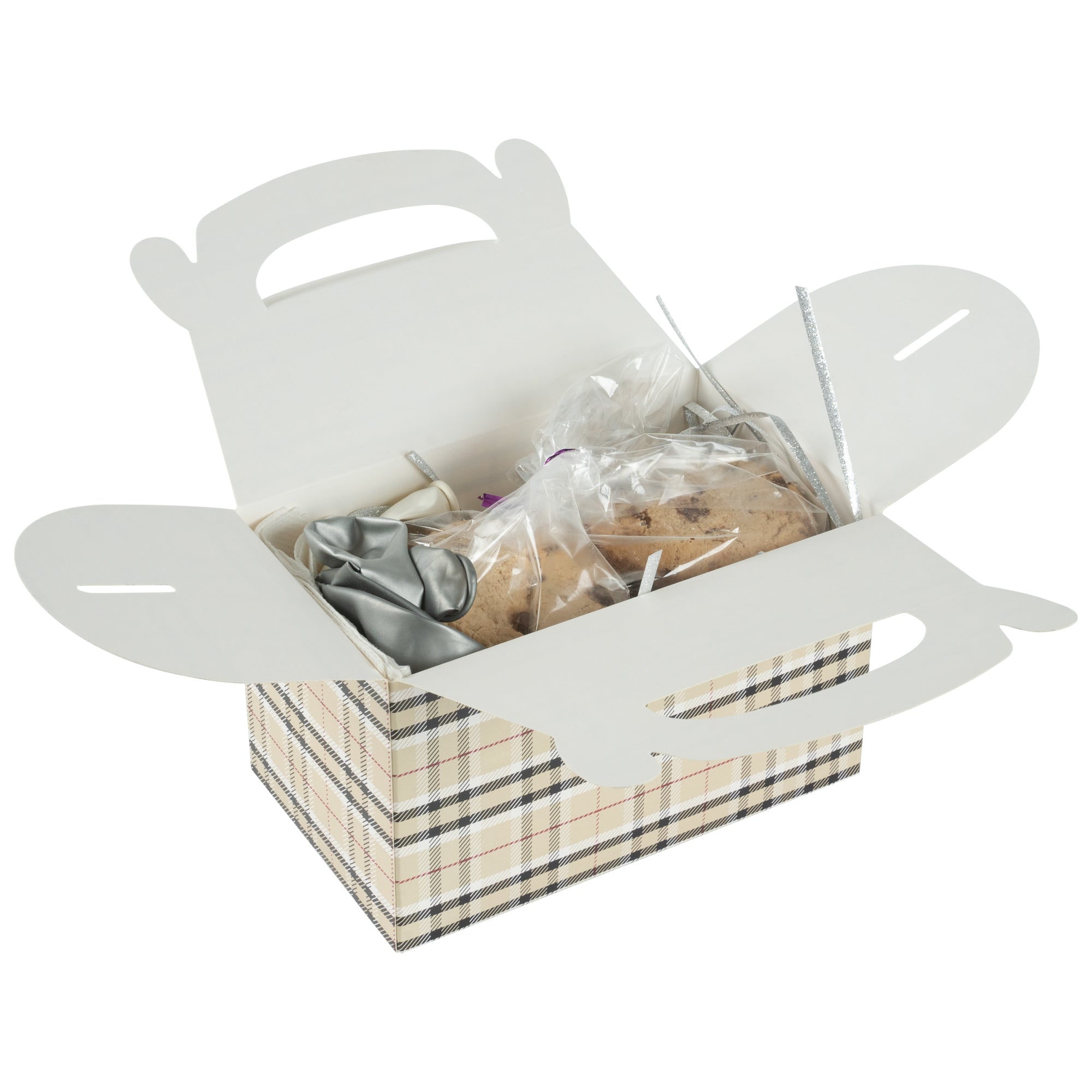 Bio Tek Plaid Paper Gable Box / Take Out Container - Compostable - 6" x 3 1/2" x 3 1/2" - 100 count box