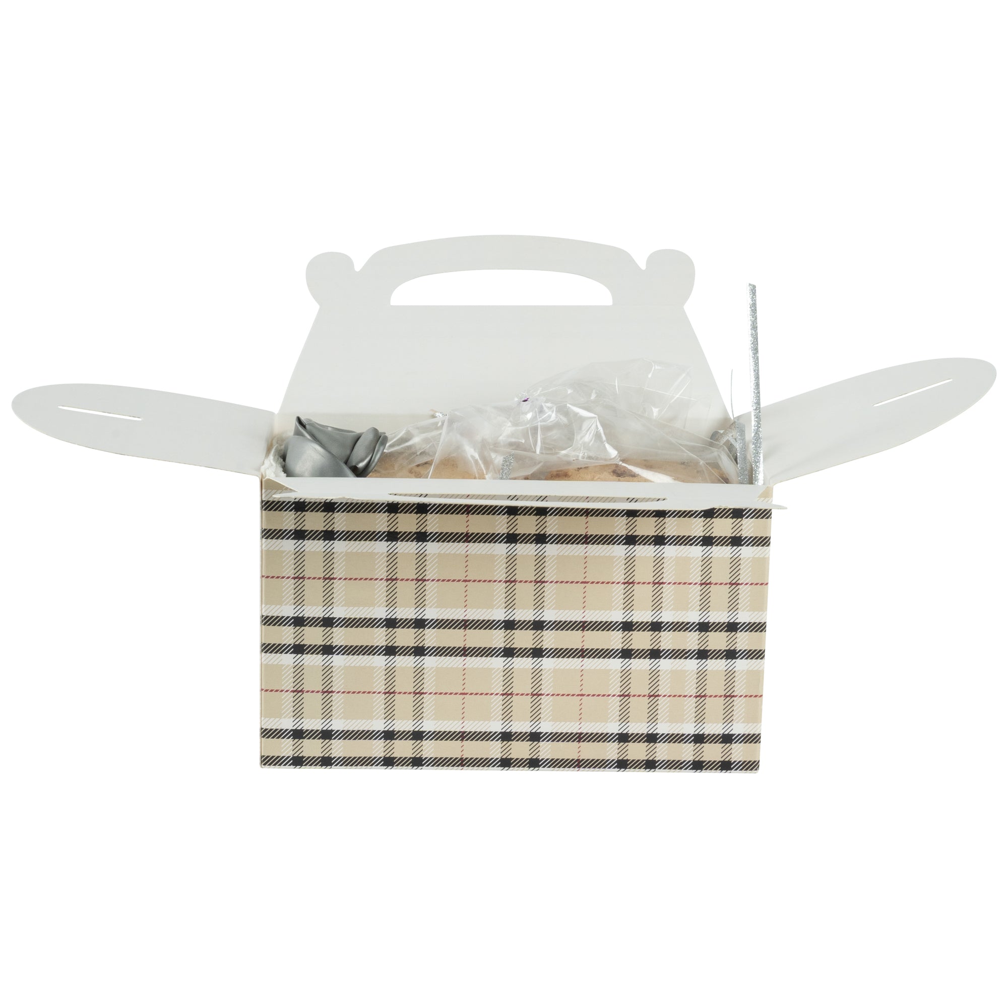 Bio Tek Plaid Paper Gable Box / Take Out Container - Compostable - 6" x 3 1/2" x 3 1/2" - 100 count box