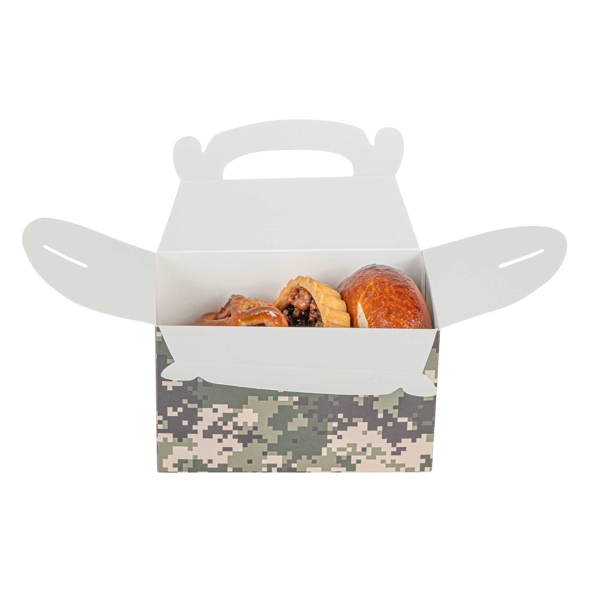 Bio Tek Camouflage Paper Gable Box / Take Out Container - Compostable - 6" x 3 1/2" x 3 1/2" - 25 count box