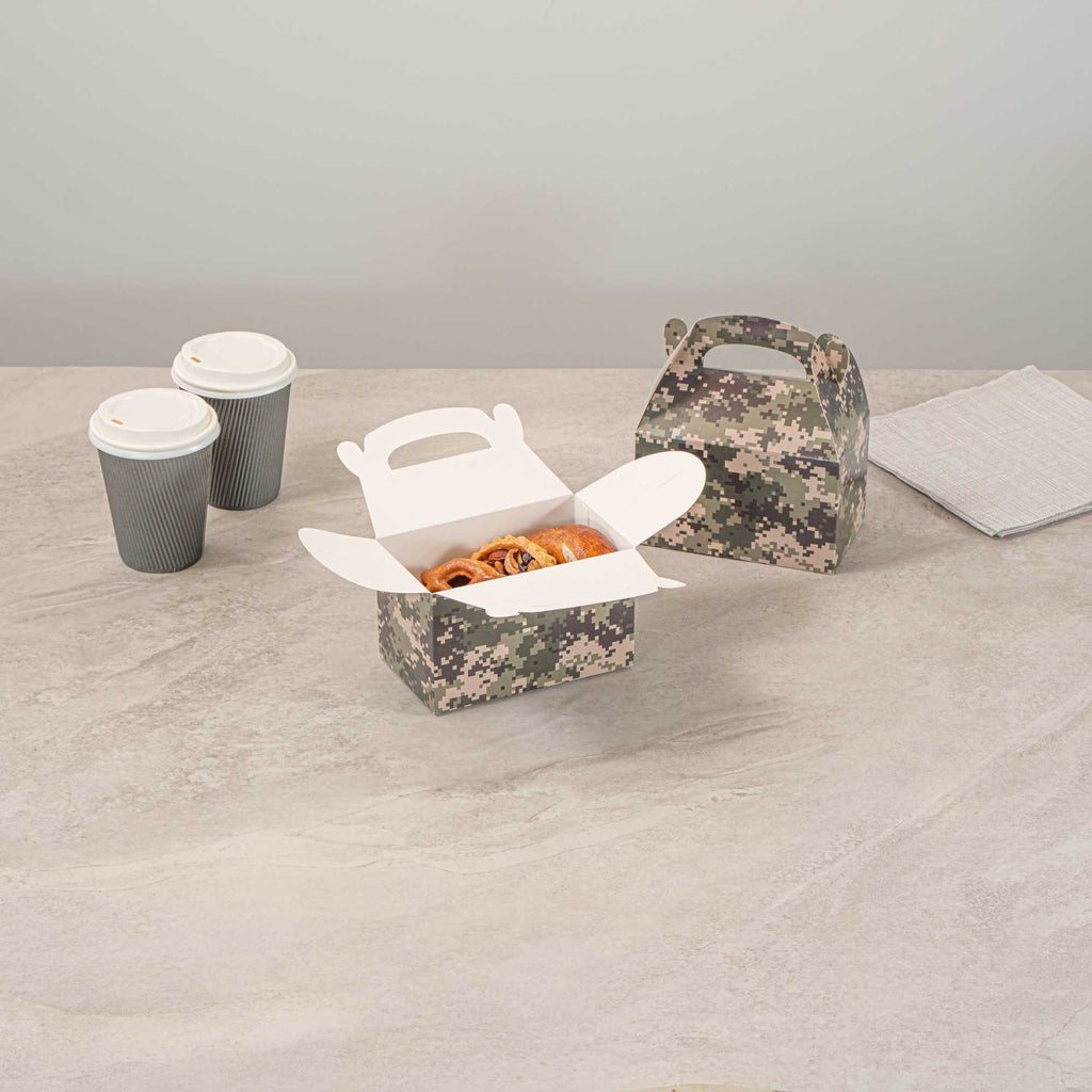 Bio Tek Camouflage Paper Gable Box / Take Out Container - Compostable - 6" x 3 1/2" x 3 1/2" - 25 count box