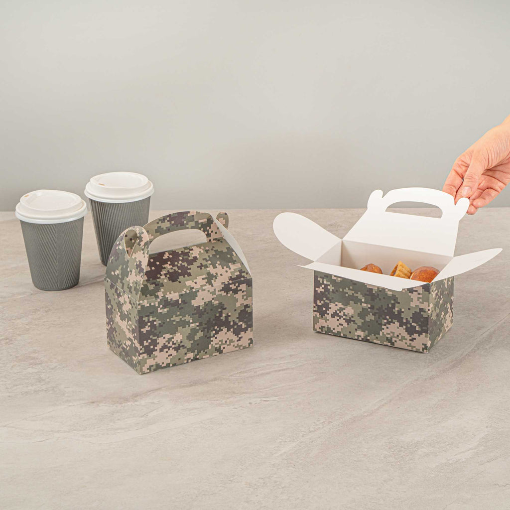 Bio Tek Camouflage Paper Gable Box / Take Out Container - Compostable - 6" x 3 1/2" x 3 1/2" - 25 count box