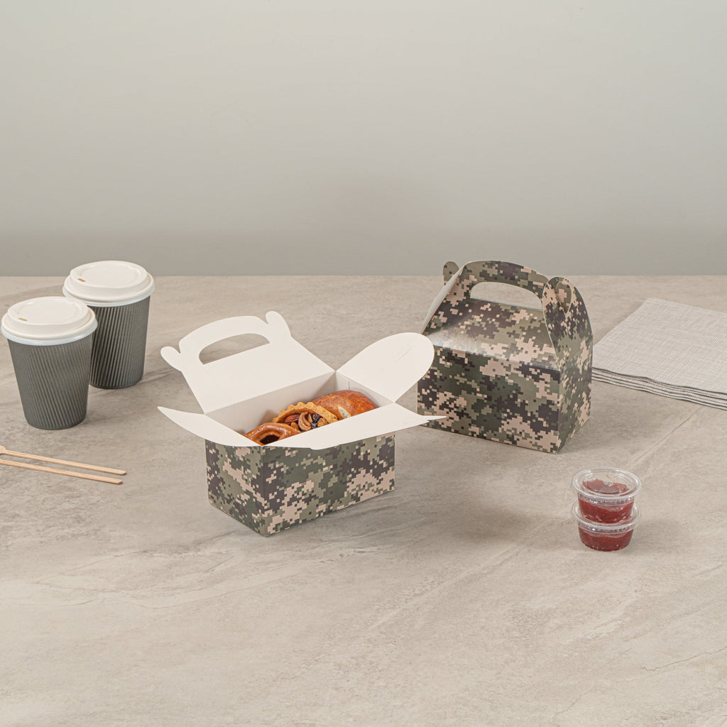 Bio Tek Camouflage Paper Gable Box / Take Out Container - Compostable - 6" x 3 1/2" x 3 1/2" - 100 count box