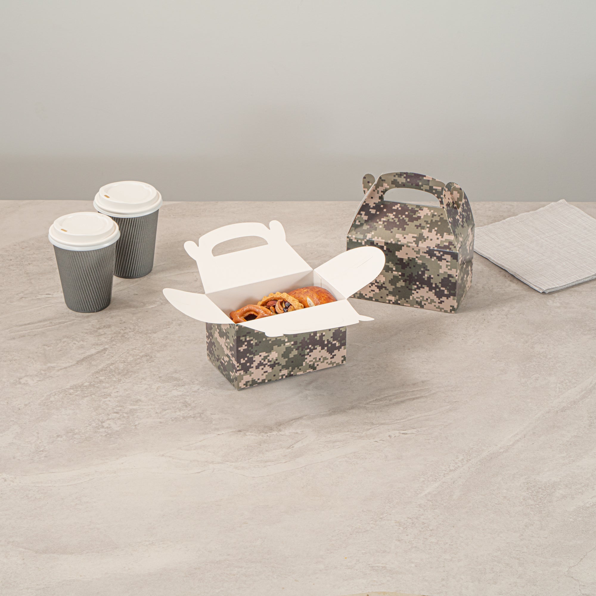 Bio Tek Camouflage Paper Gable Box / Take Out Container - Compostable - 6" x 3 1/2" x 3 1/2" - 100 count box