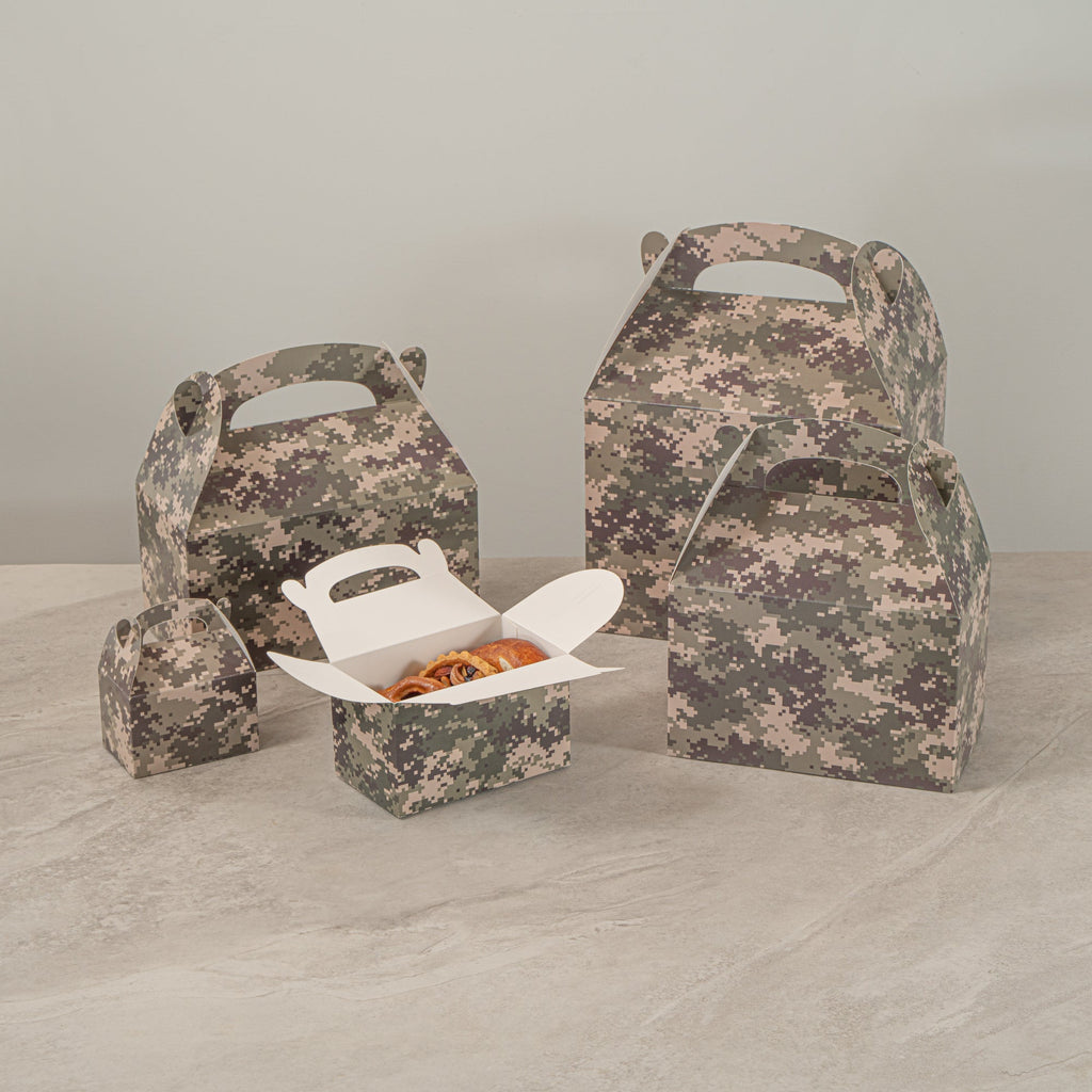 Bio Tek Camouflage Paper Gable Box / Take Out Container - Compostable - 6" x 3 1/2" x 3 1/2" - 100 count box