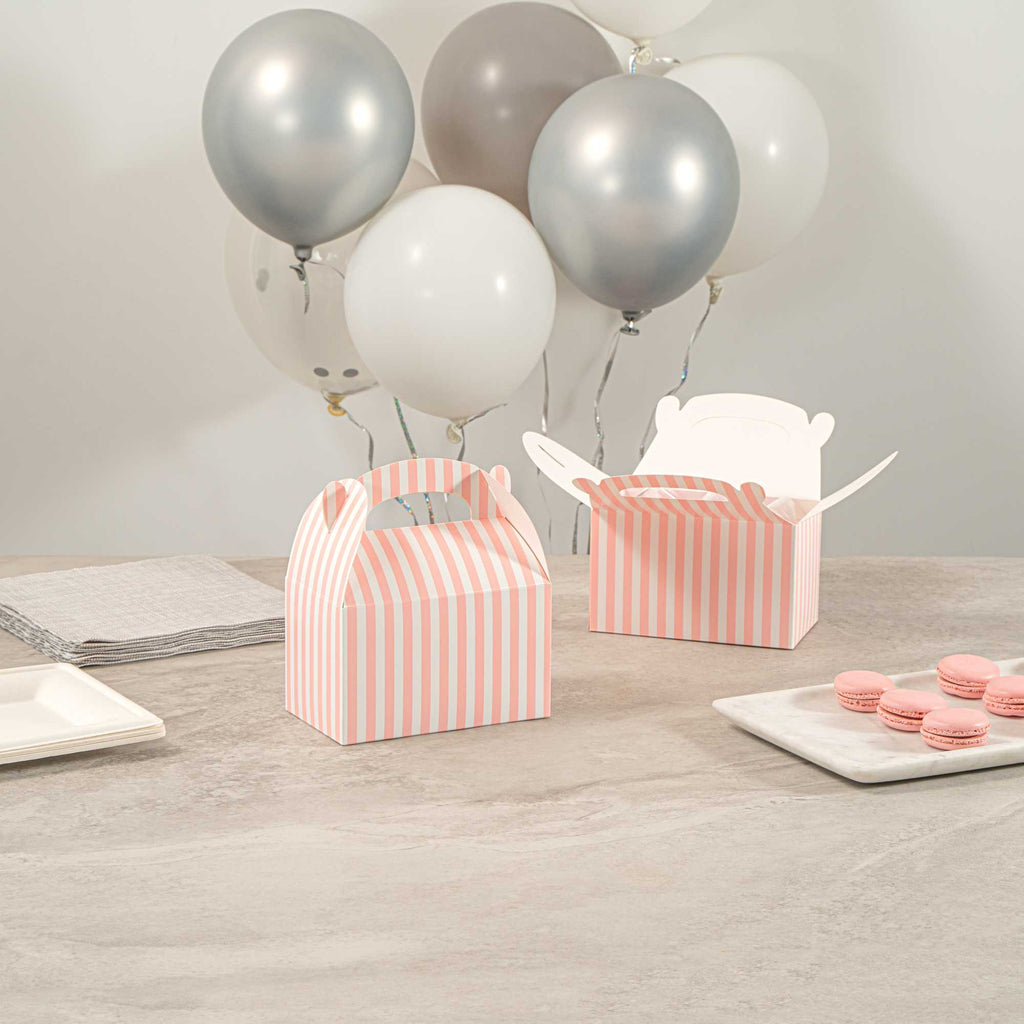 Bio Tek Pink & White Stripe Paper Gable Box / Take Out Container - Compostable - 6" x 3 1/2" x 3 1/2" - 25 count box