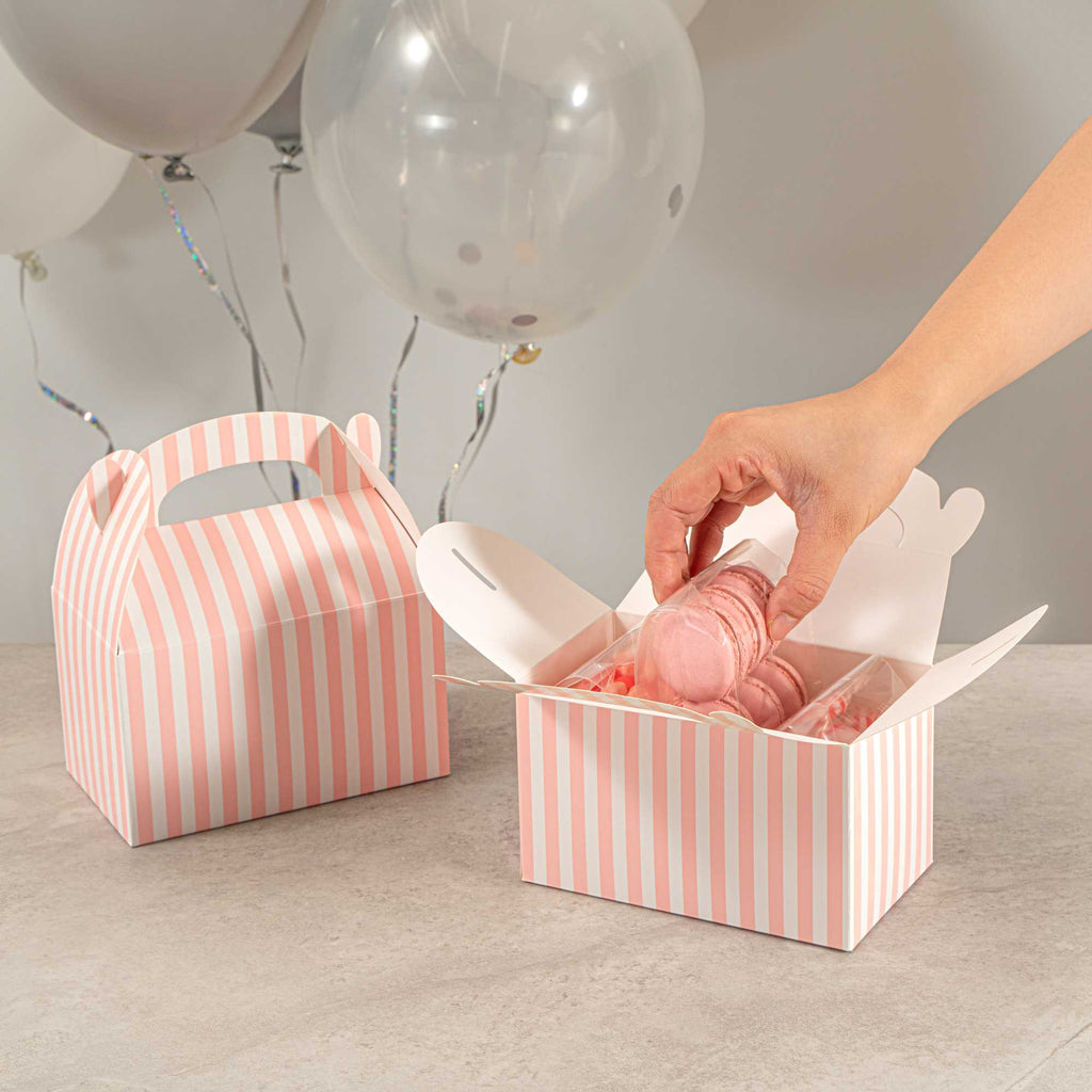 Bio Tek Pink & White Stripe Paper Gable Box / Take Out Container - Compostable - 6" x 3 1/2" x 3 1/2" - 25 count box