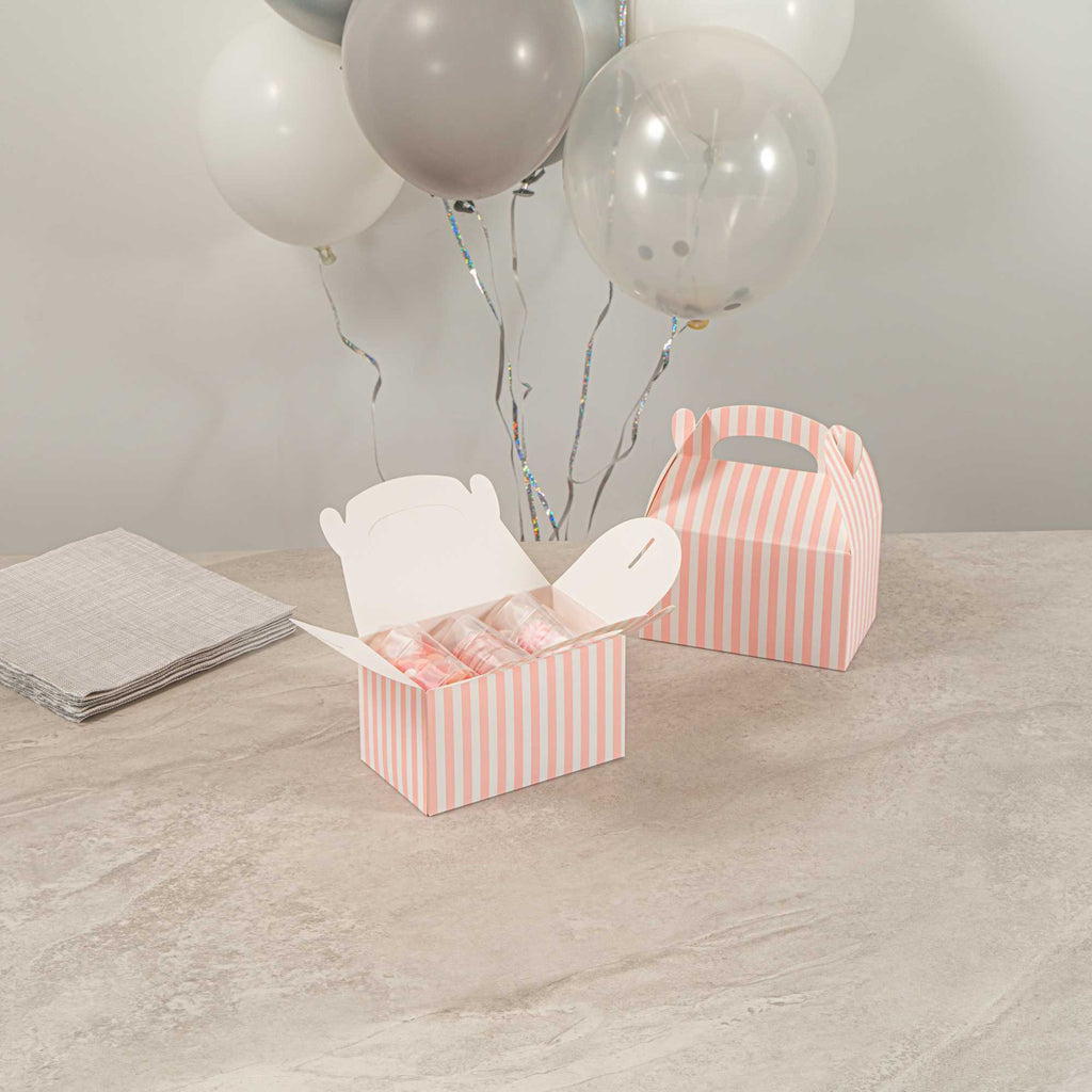 Bio Tek Pink & White Stripe Paper Gable Box / Take Out Container - Compostable - 6" x 3 1/2" x 3 1/2" - 25 count box