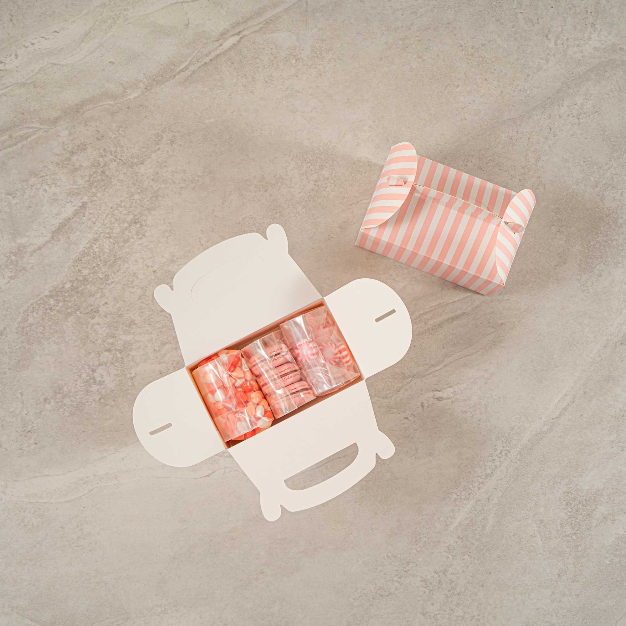 Bio Tek Pink & White Stripe Paper Gable Box / Take Out Container - Compostable - 6" x 3 1/2" x 3 1/2" - 25 count box