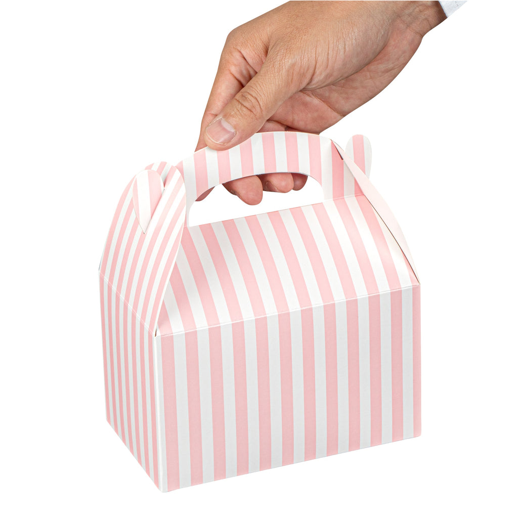 Bio Tek Pink & White Stripe Paper Gable Box / Take Out Container - Compostable - 6" x 3 1/2" x 3 1/2" - 100 count box