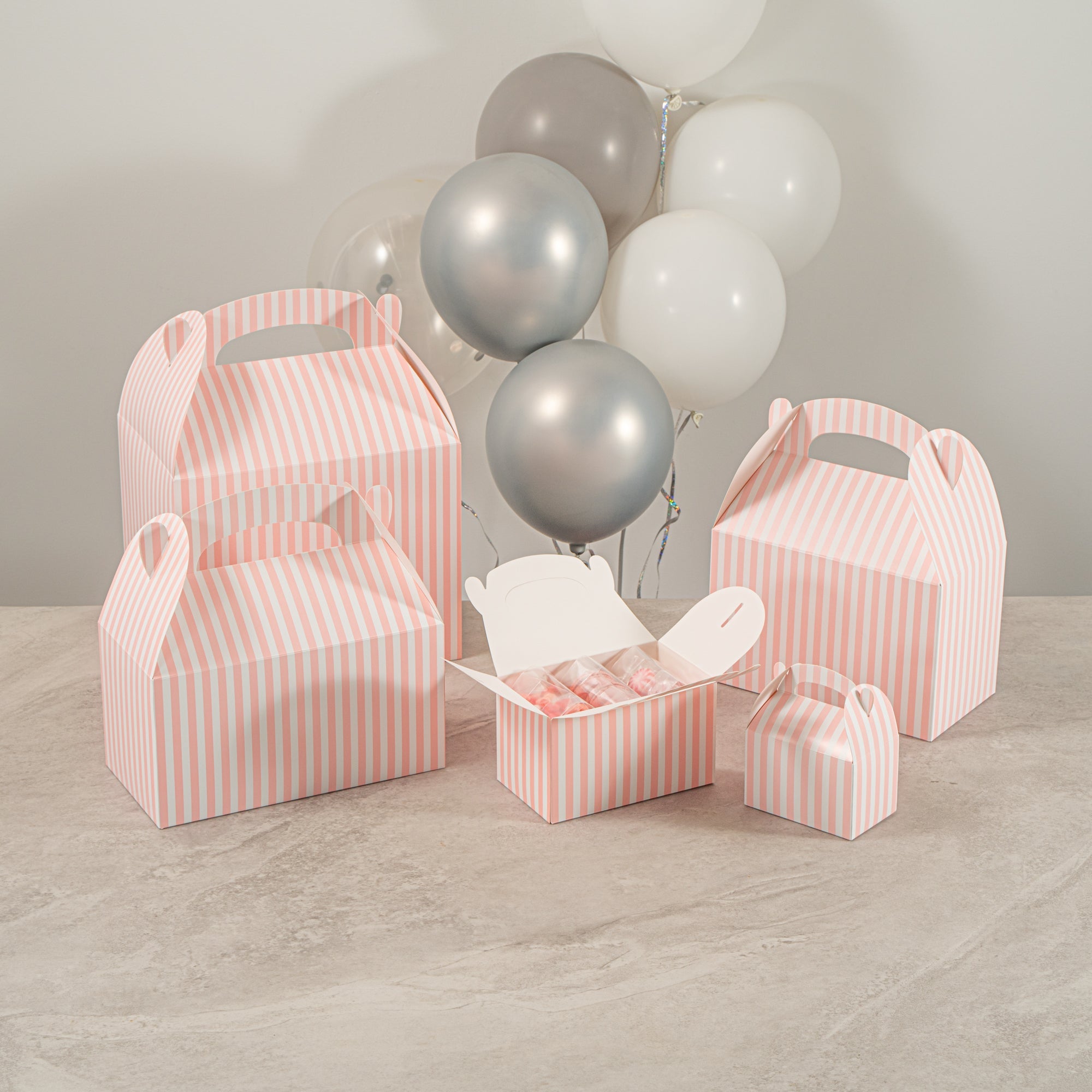Bio Tek Pink & White Stripe Paper Gable Box / Take Out Container - Compostable - 6" x 3 1/2" x 3 1/2" - 100 count box