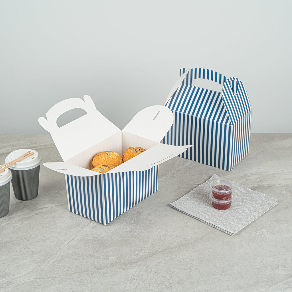 Bio Tek Blue & White Stripe Paper Gable Box / Take Out Container - Compostable - 8 1/2" x 4 3/4" x 5 1/2" - 25 count box
