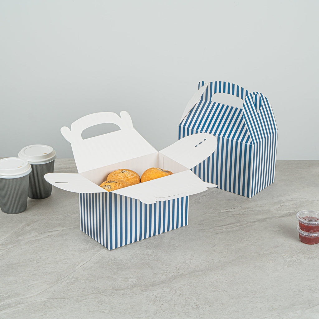 Bio Tek Blue & White Stripe Paper Gable Box / Take Out Container - Compostable - 8 1/2" x 4 3/4" x 5 1/2" - 25 count box