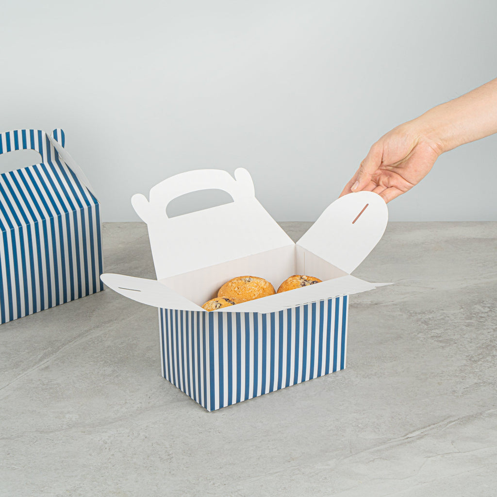 Bio Tek Blue & White Stripe Paper Gable Box / Take Out Container - Compostable - 8 1/2" x 4 3/4" x 5 1/2" - 25 count box