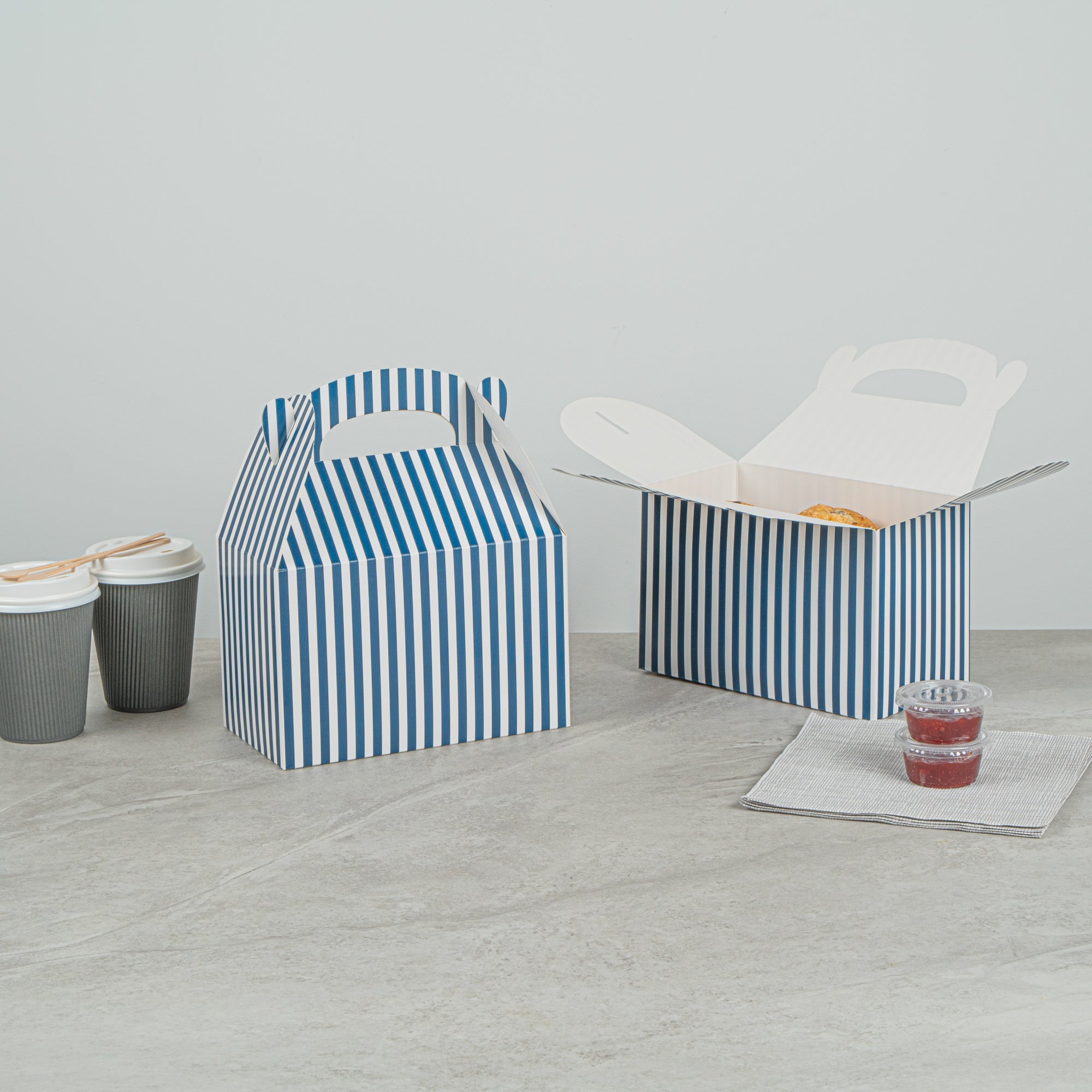 Bio Tek Blue & White Stripe Paper Gable Box / Take Out Container - Compostable - 8 1/2" x 4 3/4" x 5 1/2" - 25 count box