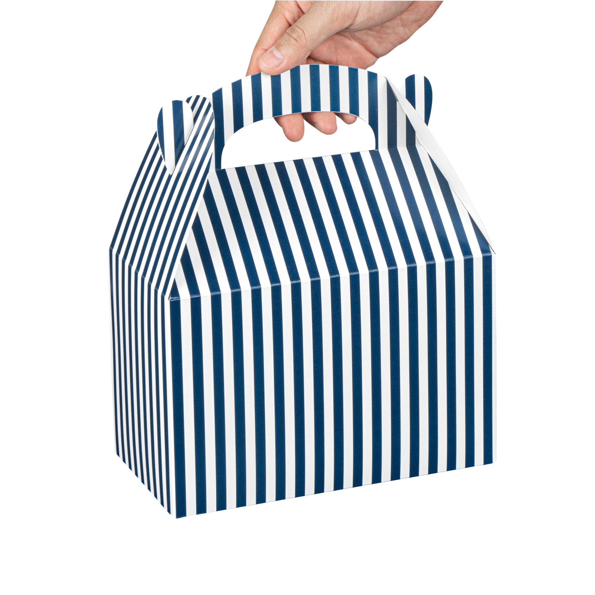 Bio Tek Blue & White Stripe Paper Gable Box / Take Out Container - Compostable - 8 1/2" x 4 3/4" x 5 1/2" - 100 count box