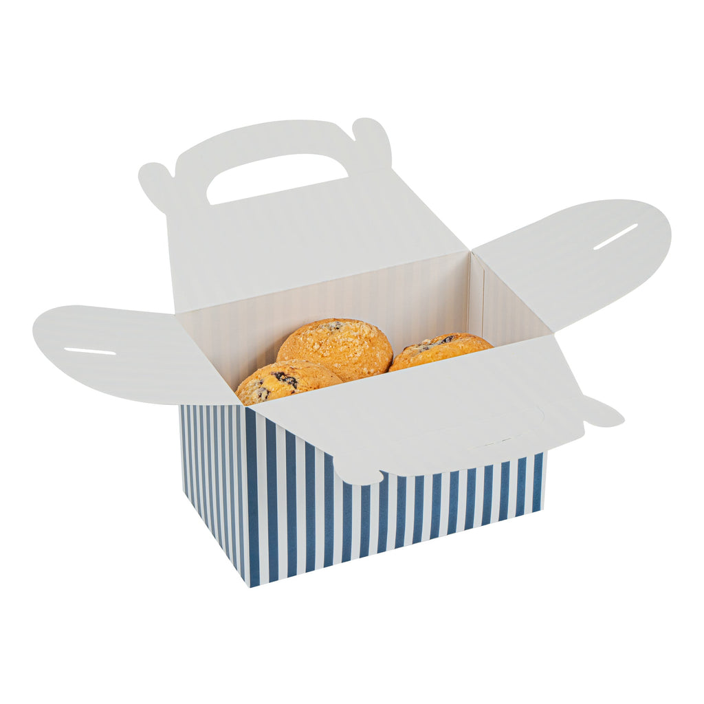 Bio Tek Blue & White Stripe Paper Gable Box / Take Out Container - Compostable - 8 1/2" x 4 3/4" x 5 1/2" - 100 count box