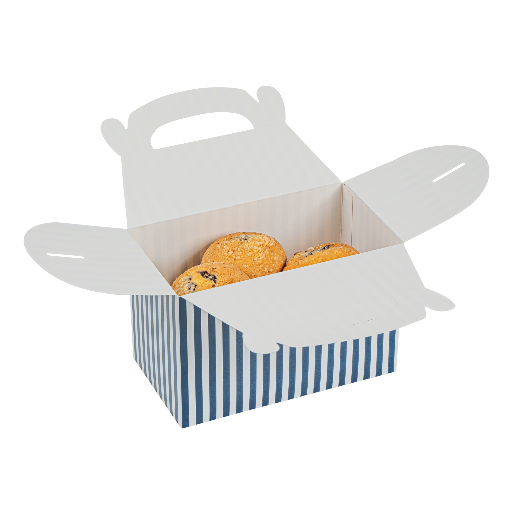 Bio Tek Blue & White Stripe Paper Gable Box / Take Out Container - Compostable - 8 1/2" x 4 3/4" x 5 1/2" - 100 count box