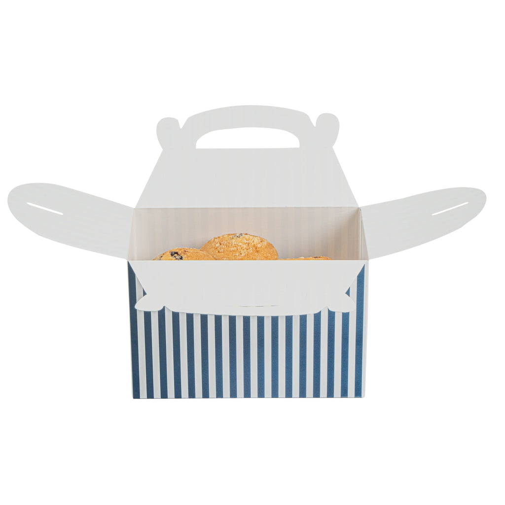 Bio Tek Blue & White Stripe Paper Gable Box / Take Out Container - Compostable - 8 1/2" x 4 3/4" x 5 1/2" - 100 count box