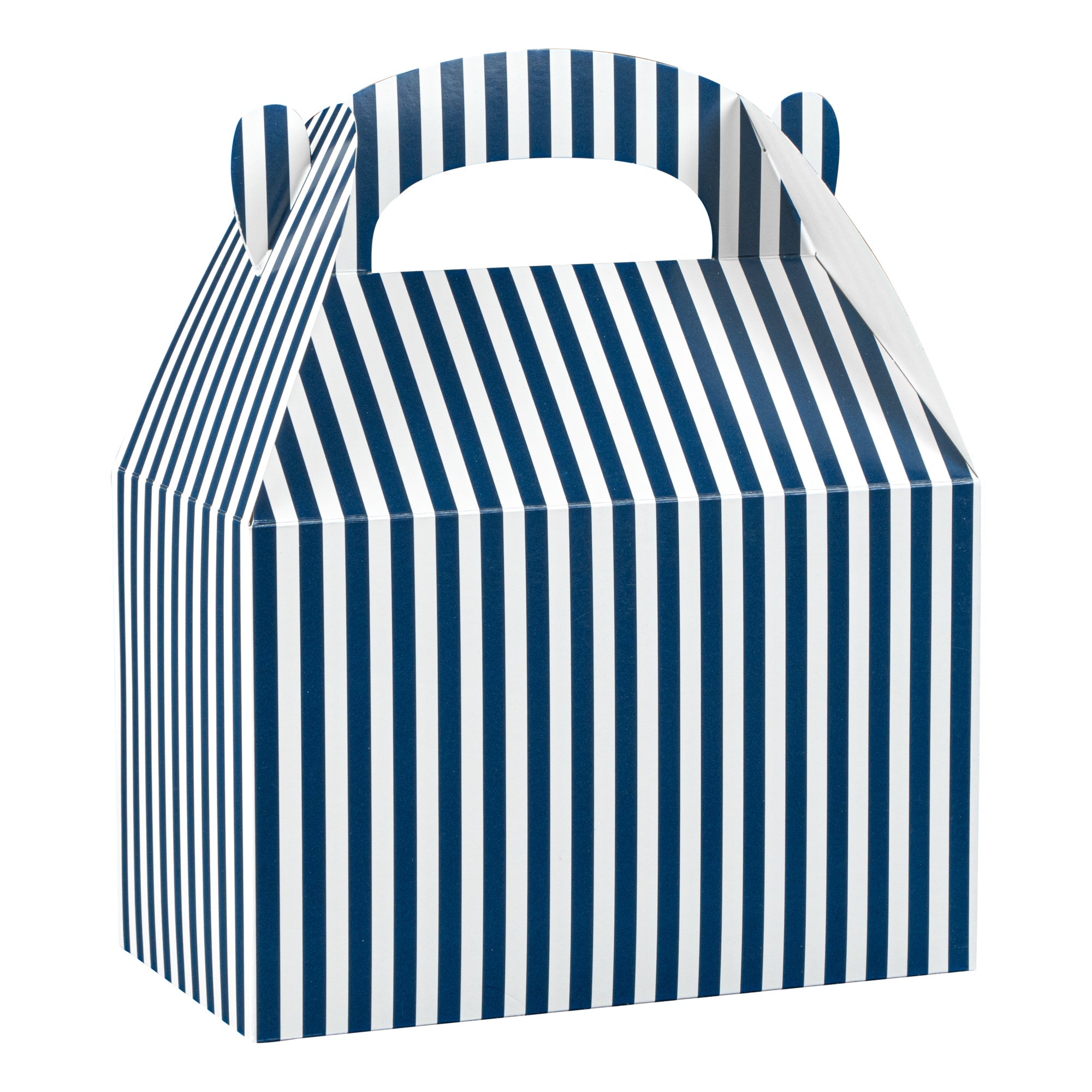 Bio Tek Blue & White Stripe Paper Gable Box / Take Out Container - Compostable - 8 1/2" x 4 3/4" x 5 1/2" - 100 count box