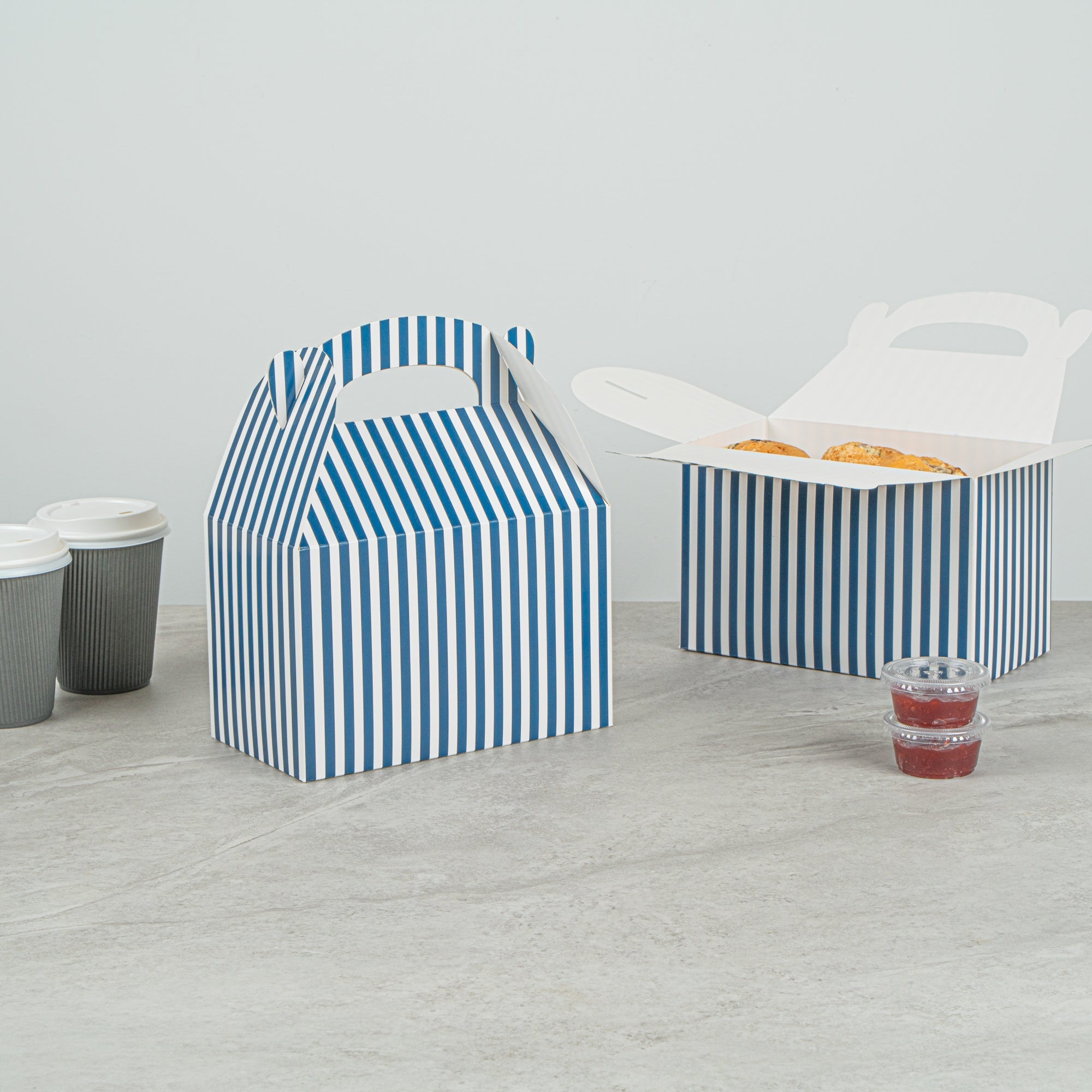 Bio Tek Blue & White Stripe Paper Gable Box / Take Out Container - Compostable - 8 1/2" x 4 3/4" x 5 1/2" - 100 count box