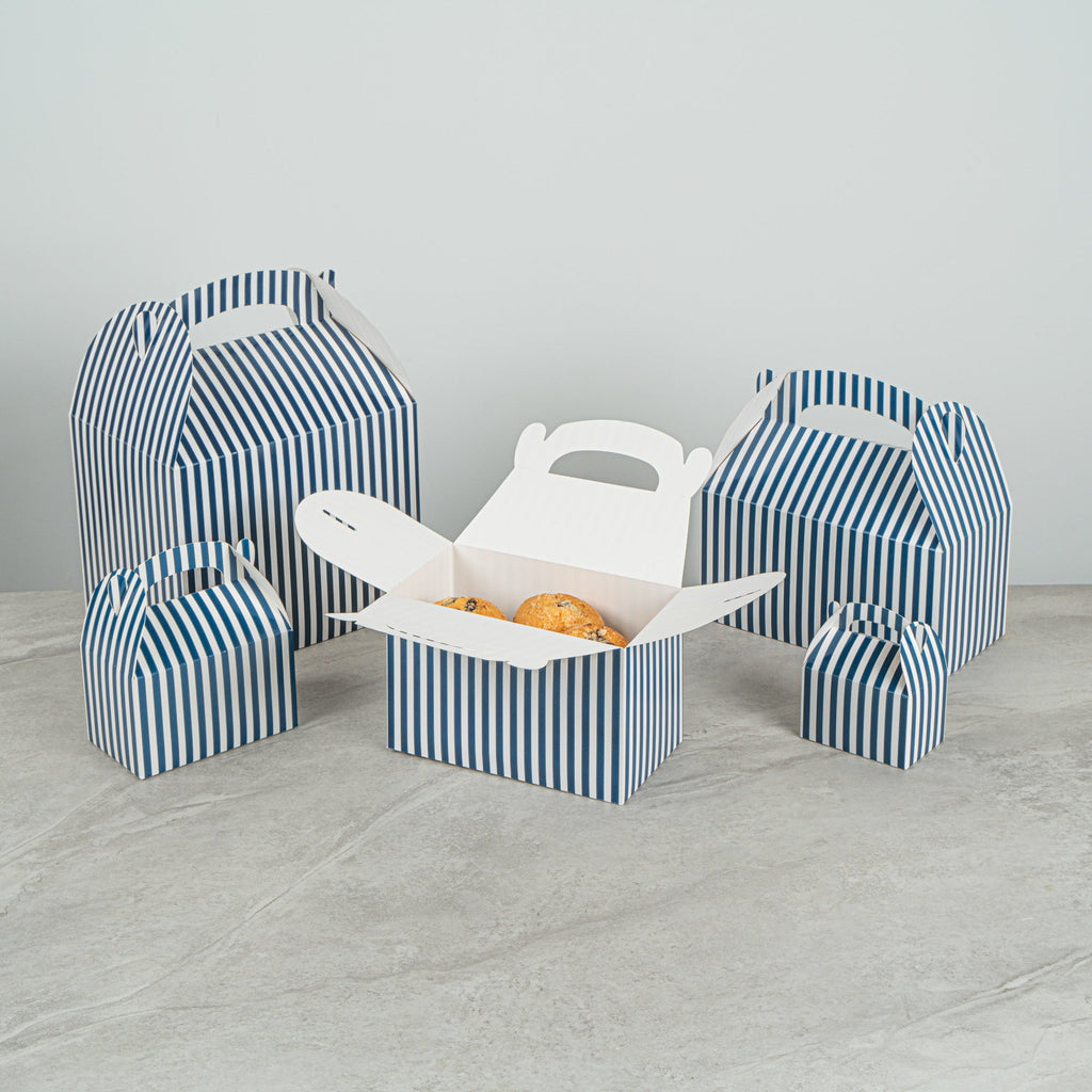 Bio Tek Blue & White Stripe Paper Gable Box / Take Out Container - Compostable - 8 1/2" x 4 3/4" x 5 1/2" - 100 count box