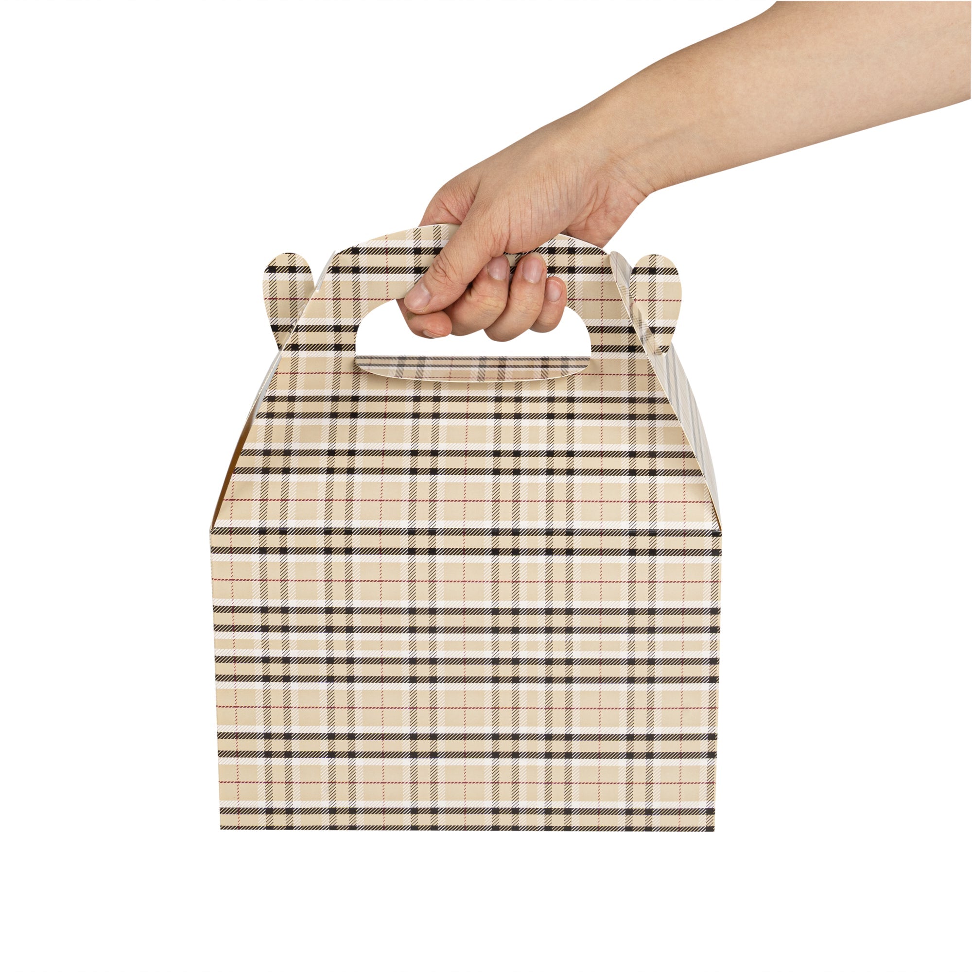 Bio Tek Plaid Paper Gable Box / Take Out Container - Compostable - 8 1/2" x 4 3/4" x 5 1/2" - 25 count box