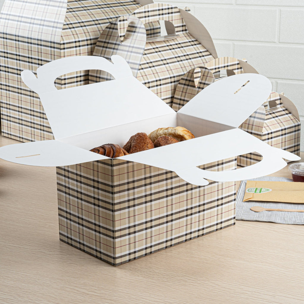 Bio Tek Plaid Paper Gable Box / Take Out Container - Compostable - 8 1/2" x 4 3/4" x 5 1/2" - 25 count box